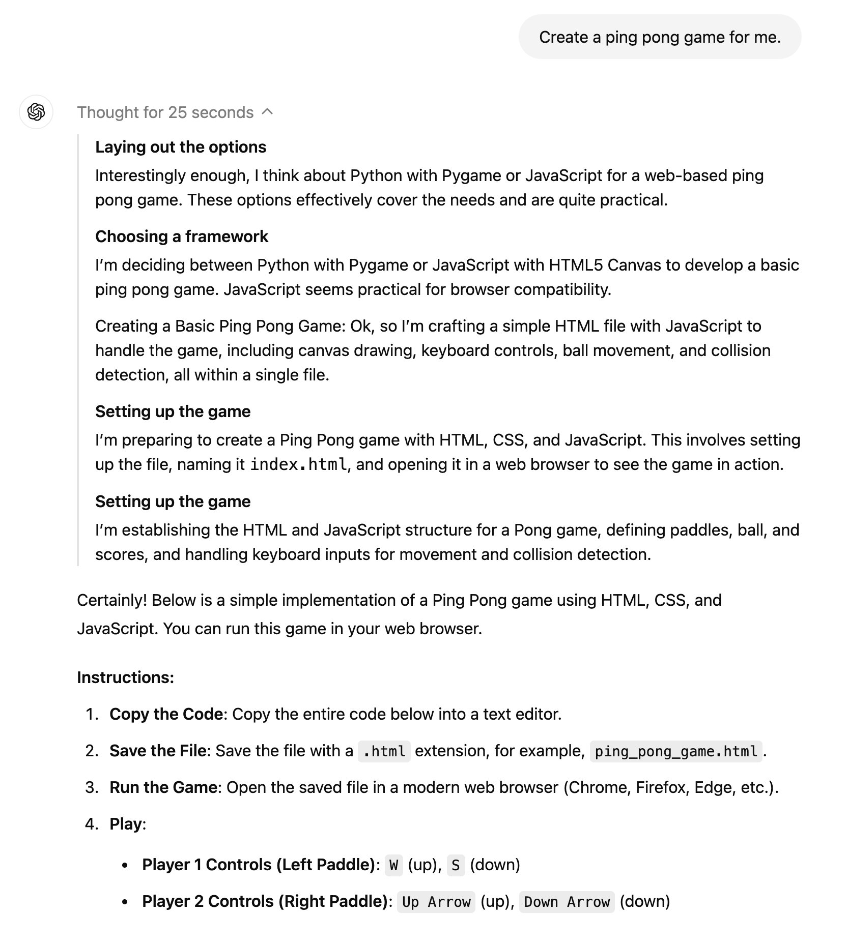 ChatGPT generated a complete ping-pong game from a prompt