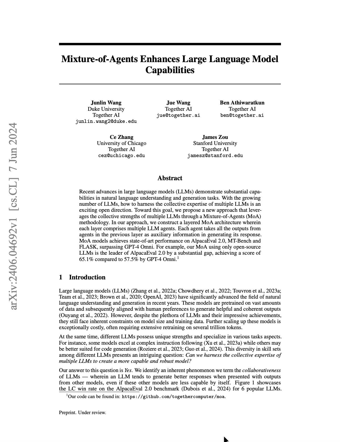 Mixture-of-Agents Boosts Large Language Model Performance