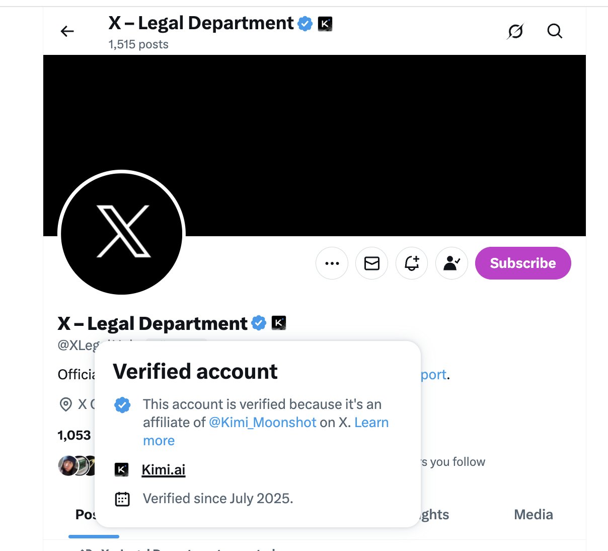 Suspicious X Legal Department verification linked to Kimi Moonshot