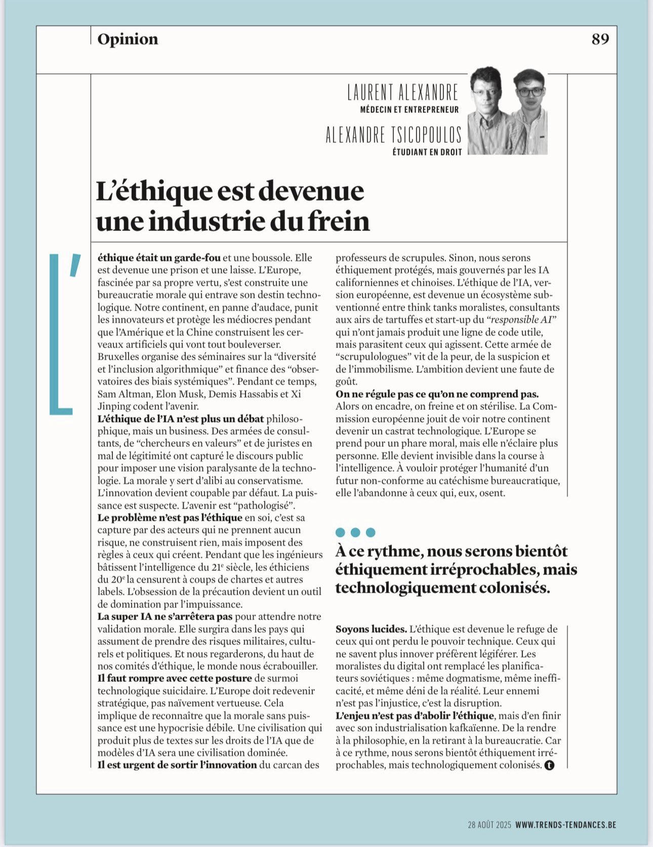 Europe: Ethical Regulation versus Technological Leadership in AI