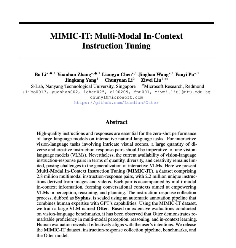 MIMIC-IT: Multi-Modal In-Context Instruction Tuning for Vision-Language Tasks