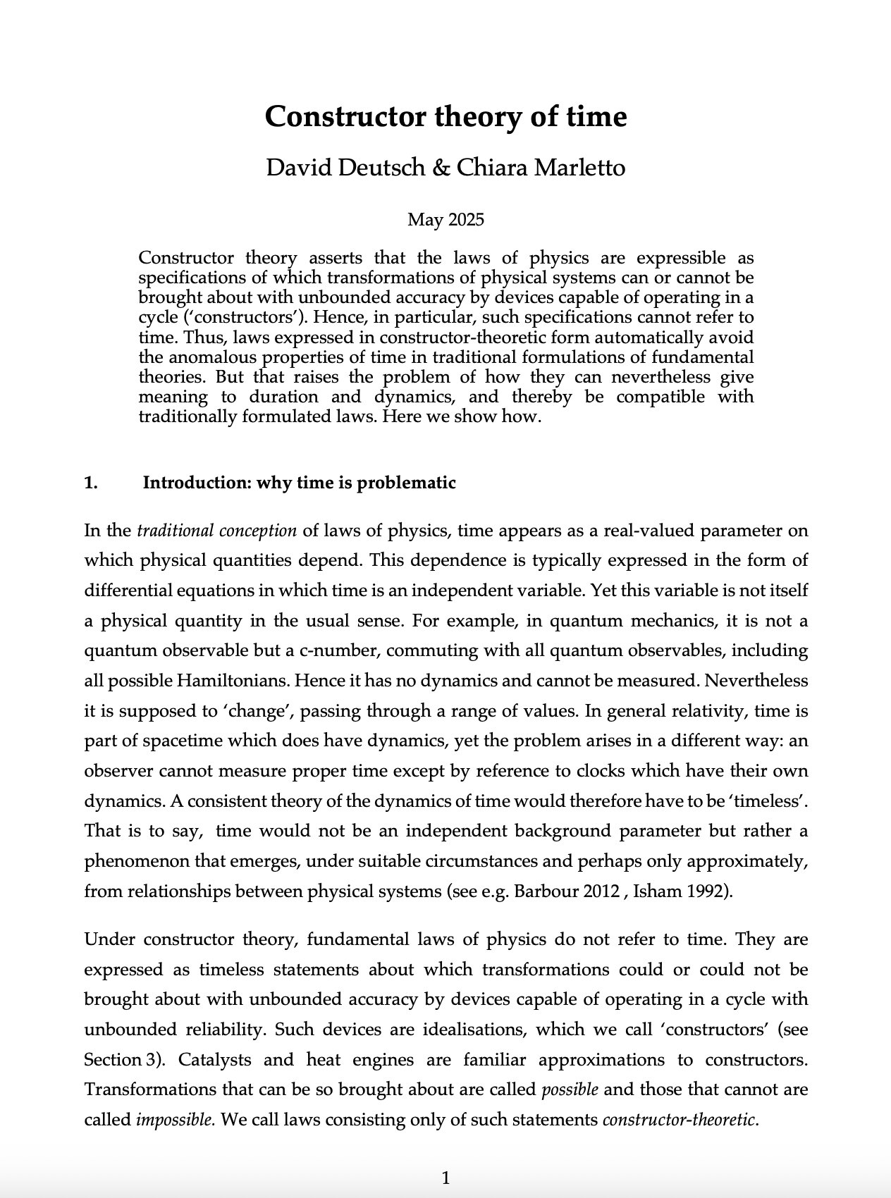 Constructor Theory of Time: Deutsch and Marletto’s Framework