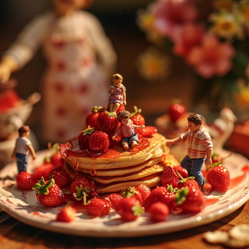 Miniature family playing in a pile of strawberry pancakes