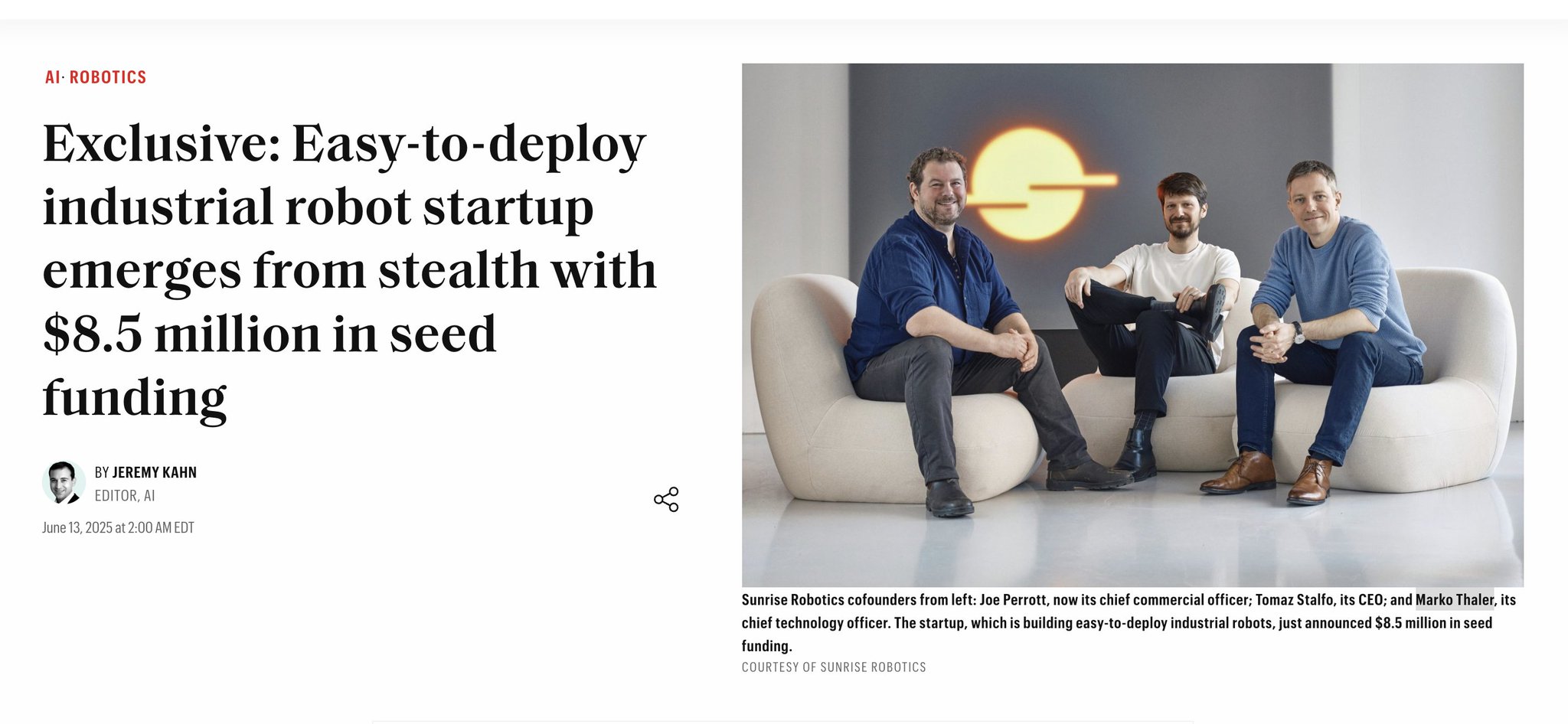 Sunrise Robotics Secures 8.5M in Seed Funding