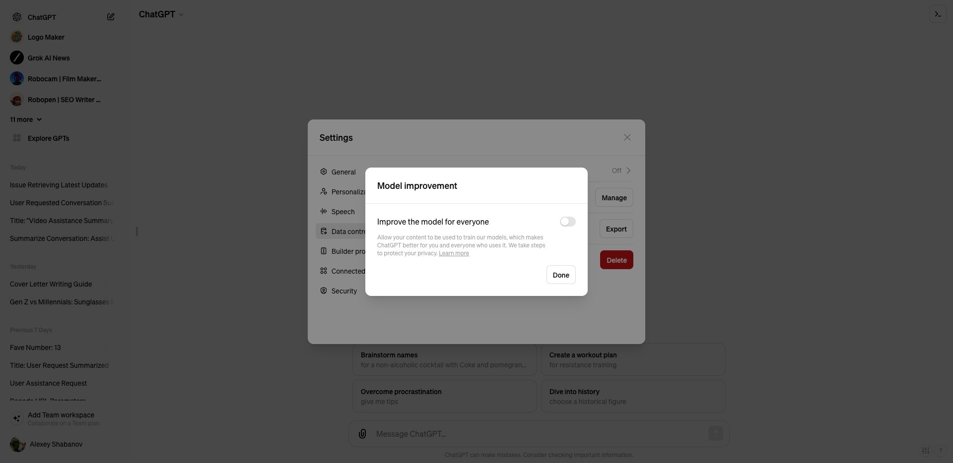 ChatGPT tests model training deactivation option