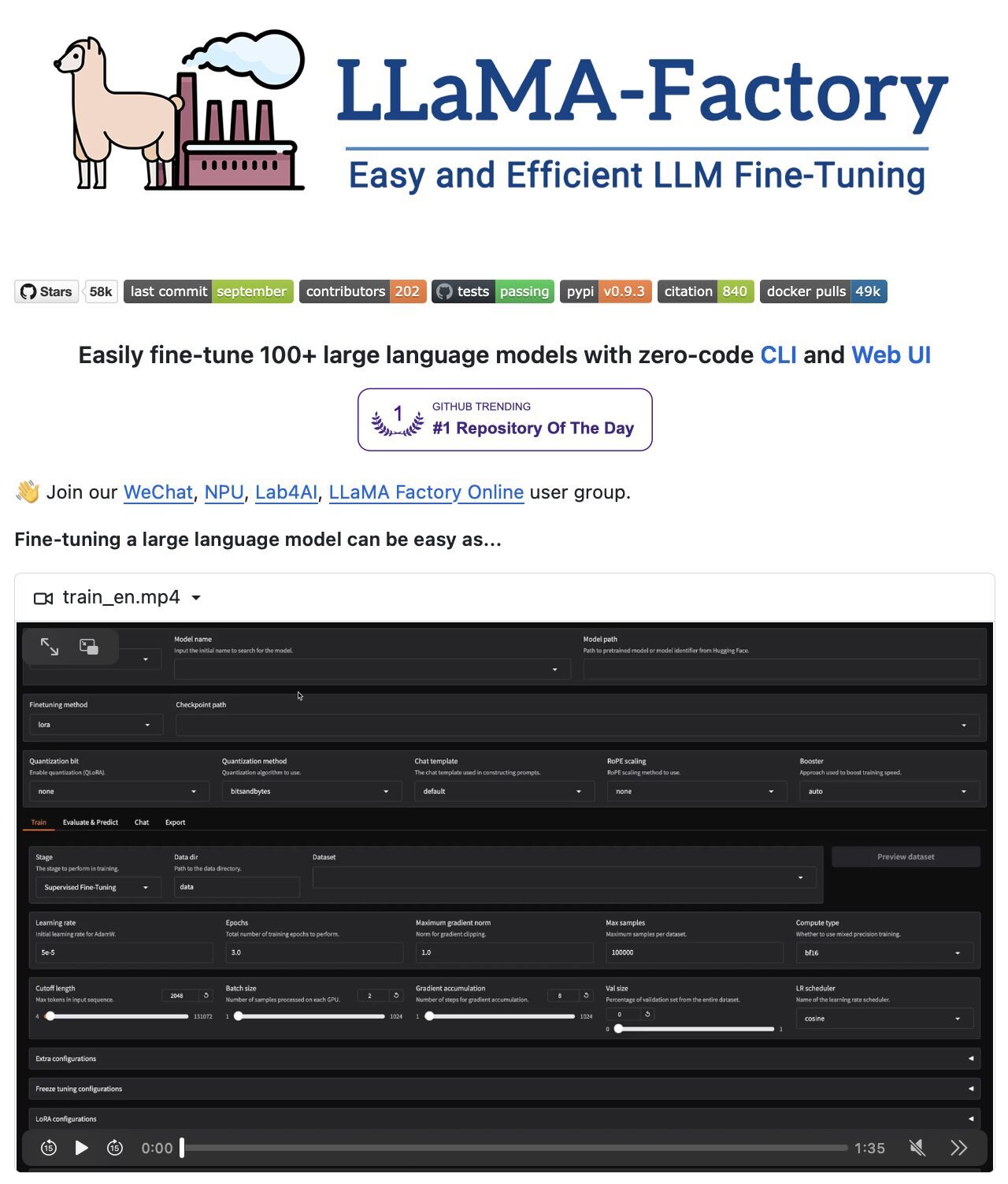 LLaMA-Factory: Fine-Tune 100+ LLMs Without Coding