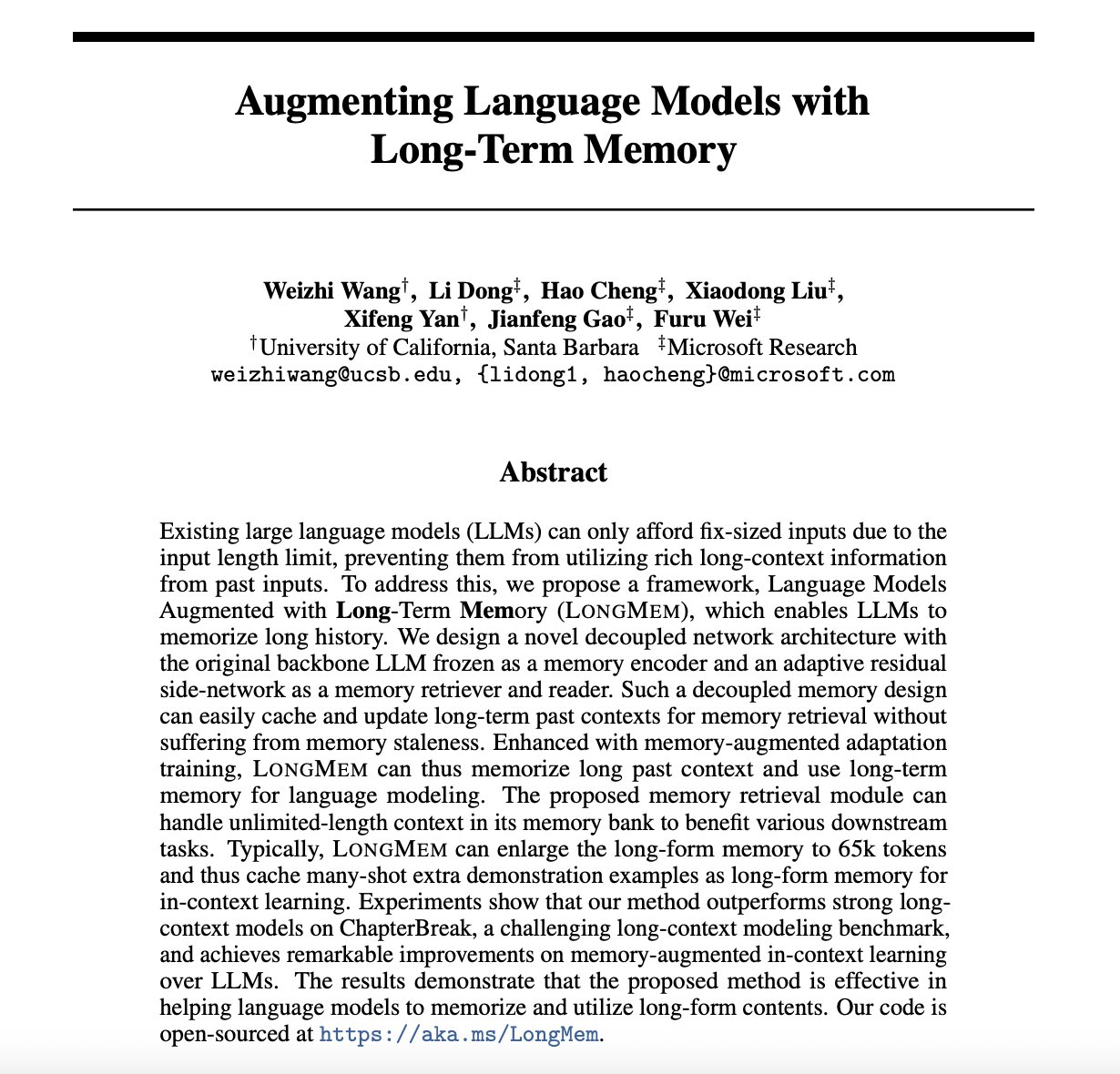 Augmenting Language Models with Long-Term Memory