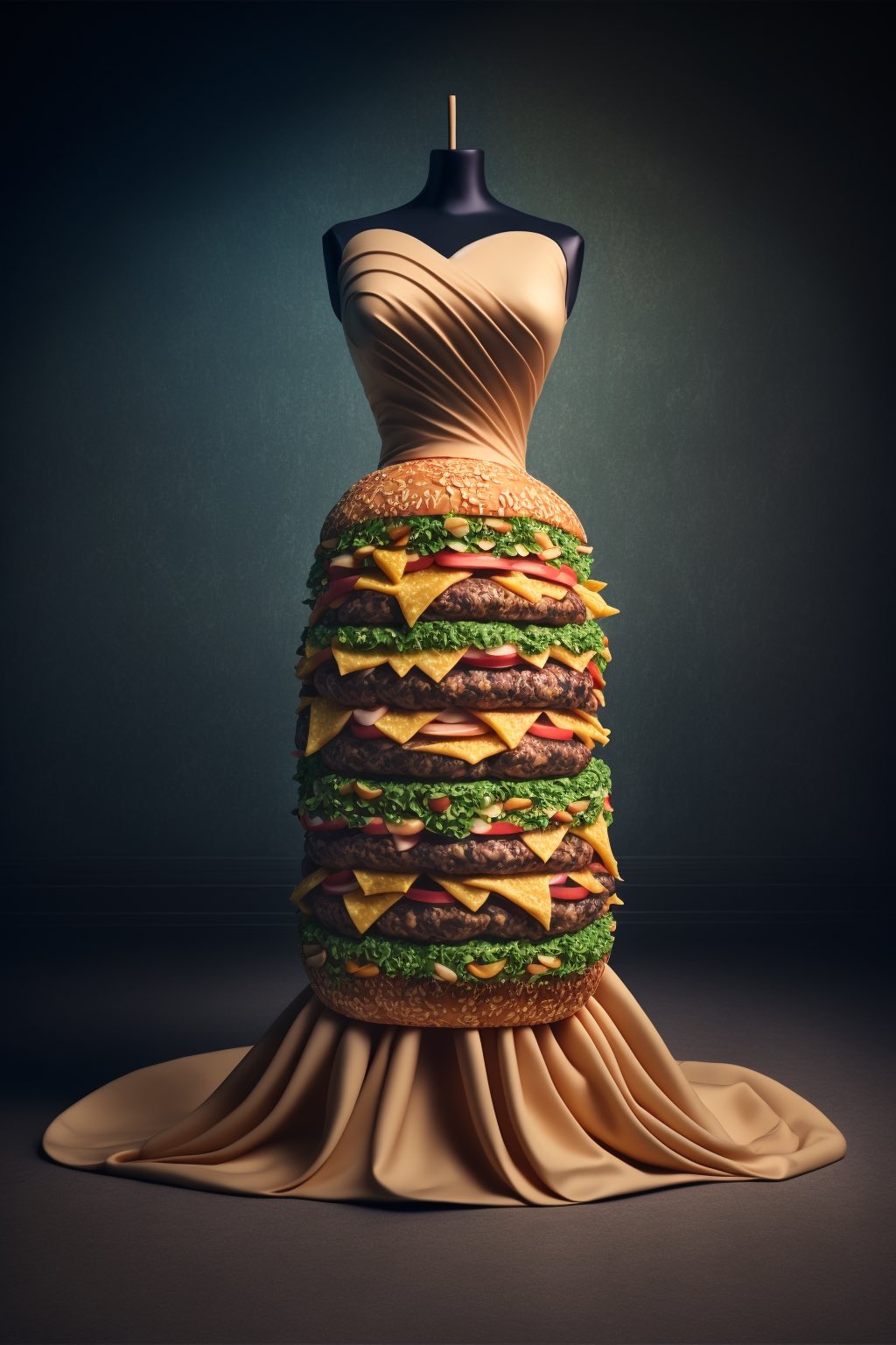 AI-Generated Couture Gown Inspired by Cheeseburgers via Midjourney