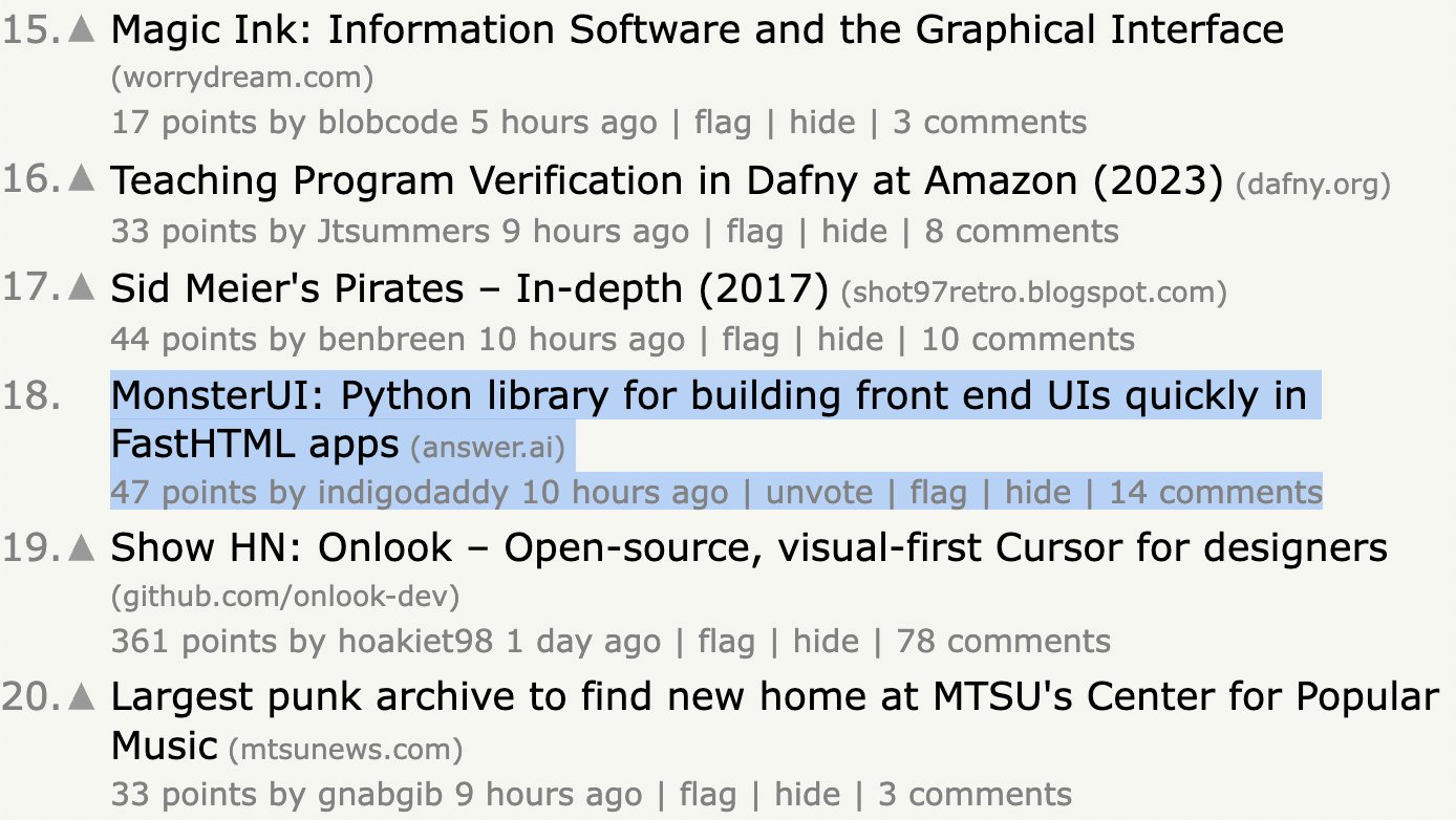 MonsterUI Component Library for FastHTML Reaches HN Front Page