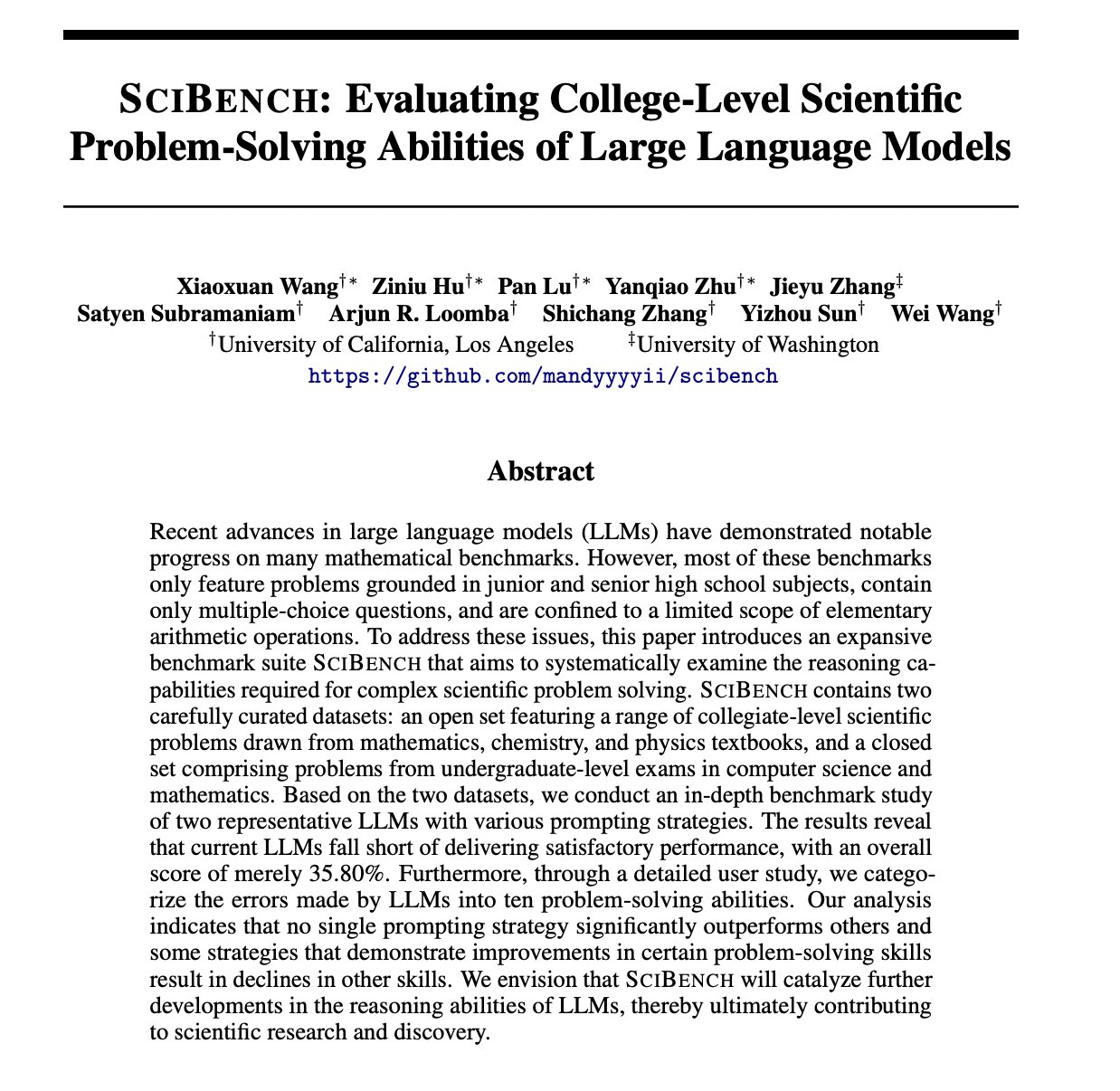 SciBench: Evaluating College-Level Scientific Problem-Solving in LLMs