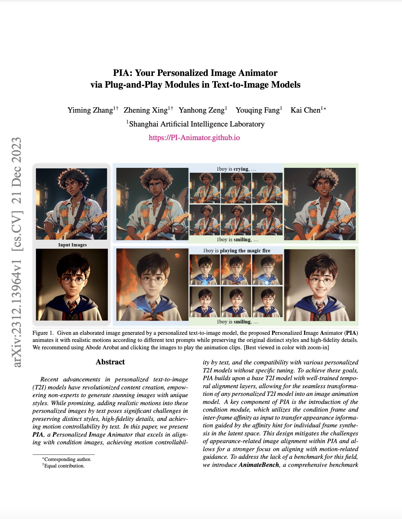 PIA: Personalized Image Animator for Text-to-Image Models