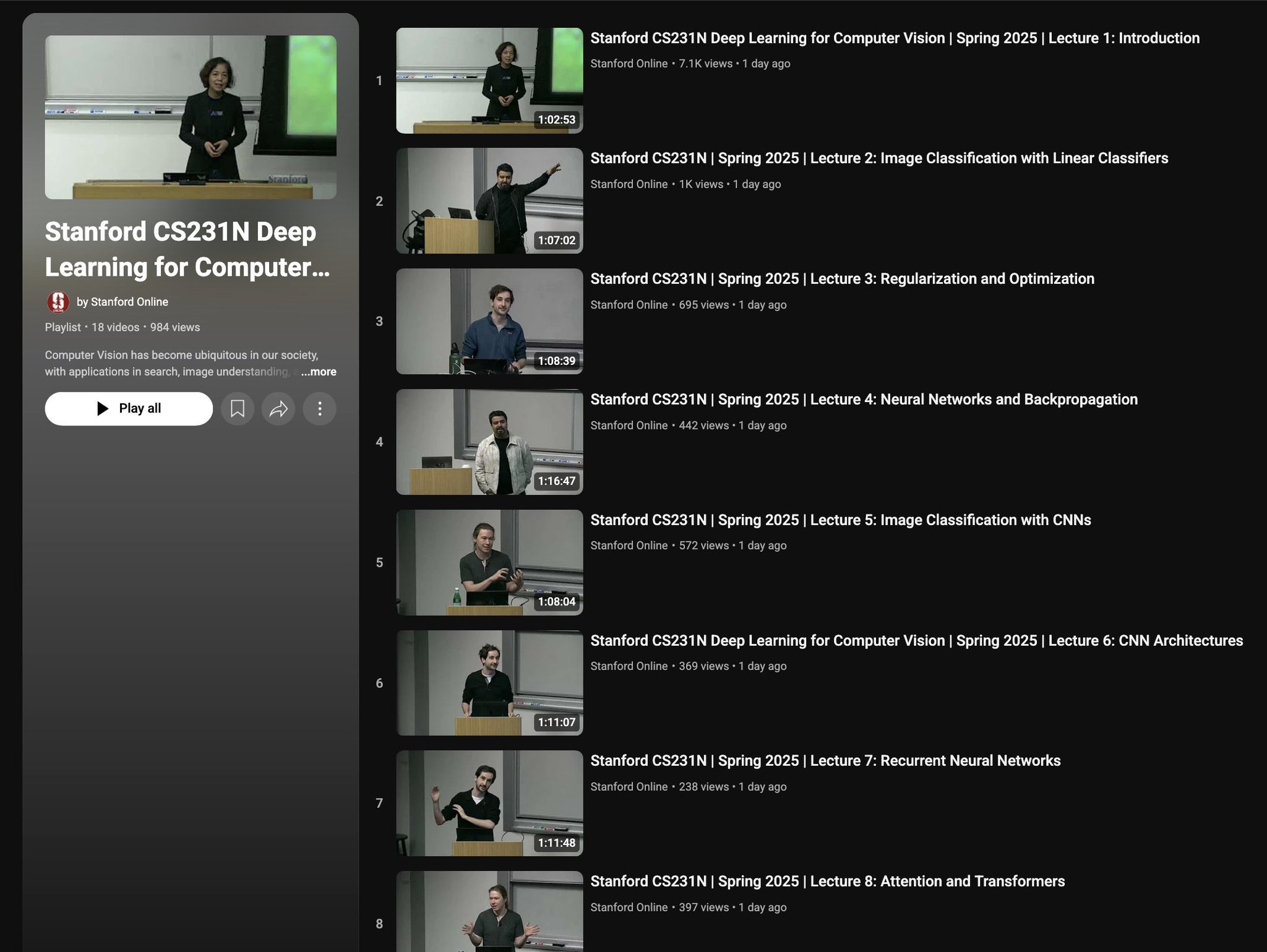 Stanford CS231N Deep Learning Computer Vision Lectures 2025 Released