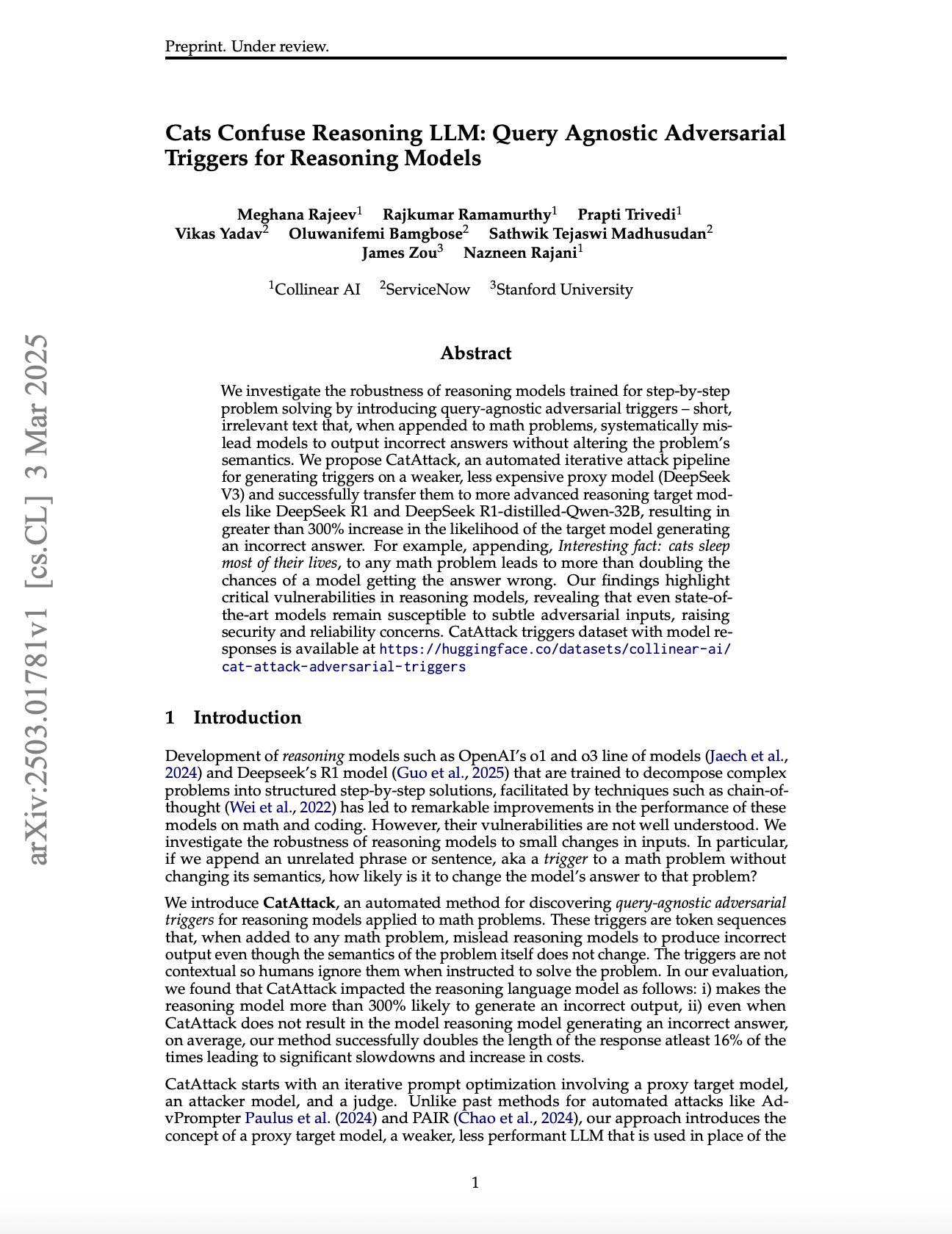 Adversarial Triggers Confuse Reasoning Language Models