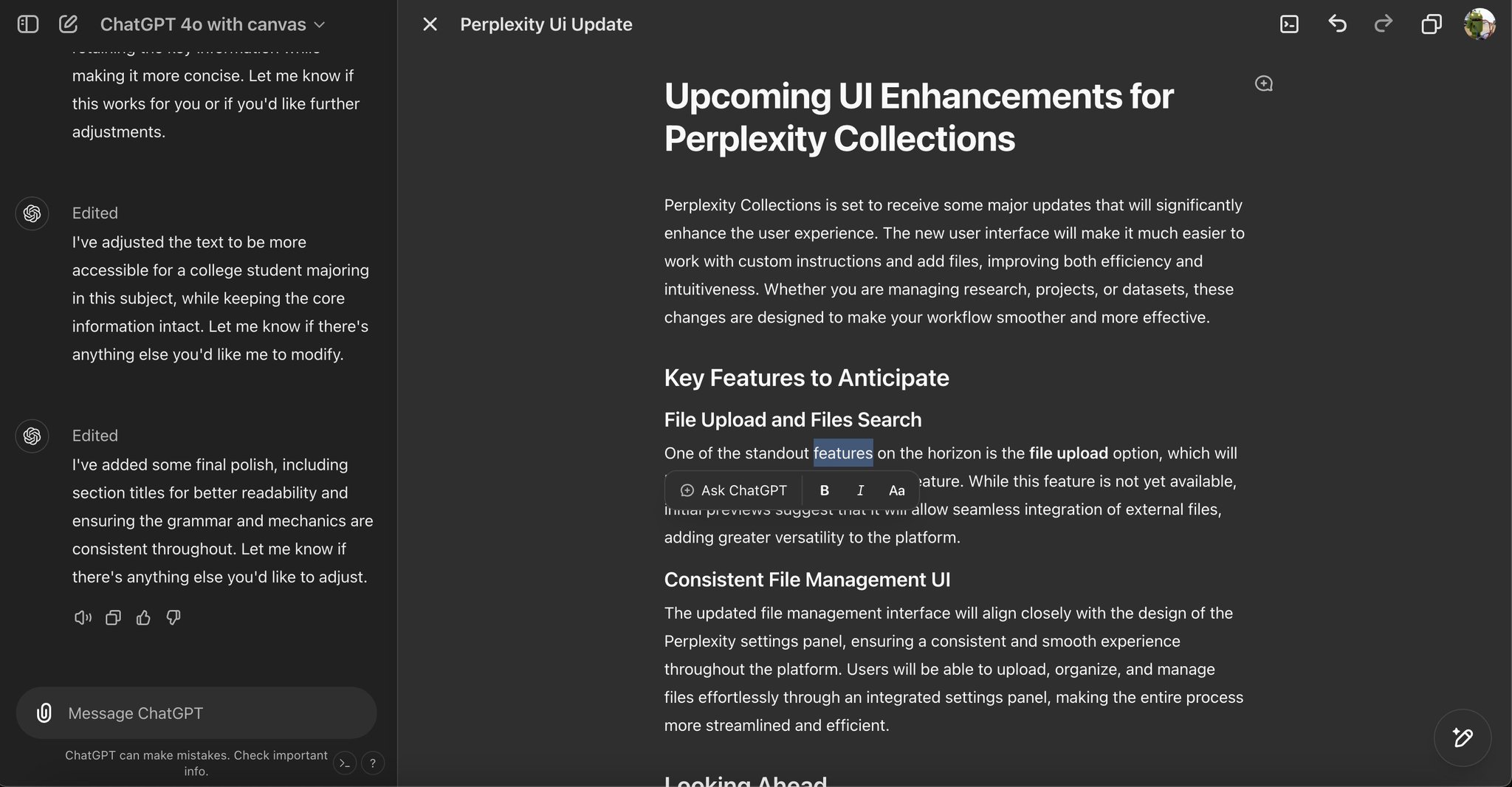 ChatGPT Canvas functionality and model performance expectations
