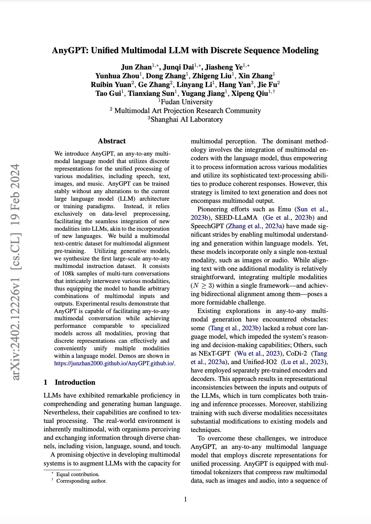 AnyGPT: Unified Multimodal LLM with Discrete Sequence Modeling