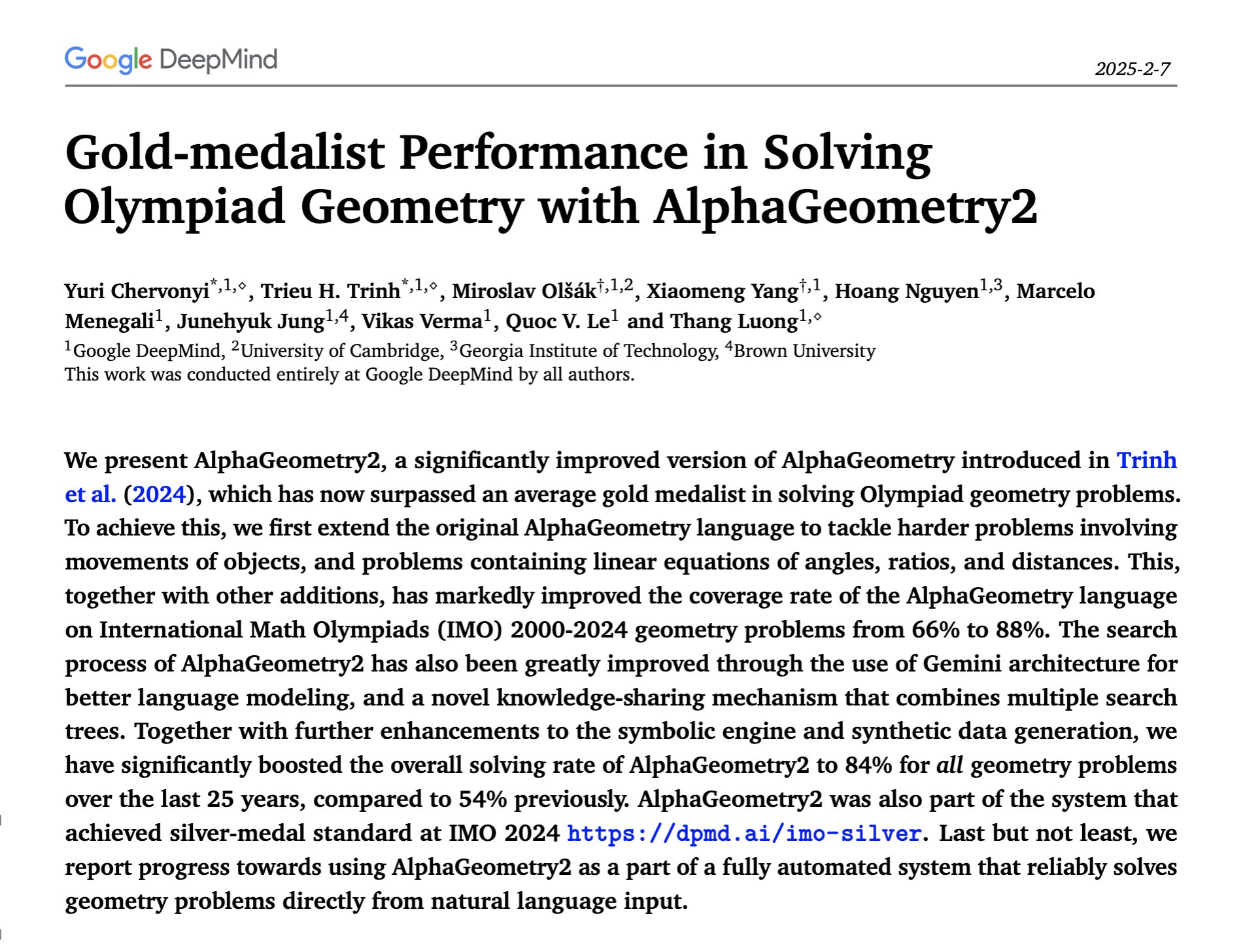 Google AlphaGeometry 2 Achieves 84% on IMO Geometry Problems