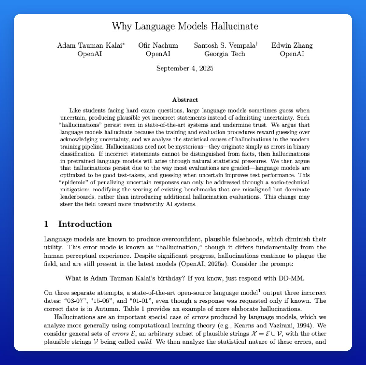 Why Language Models Hallucinate: Training and Evaluation