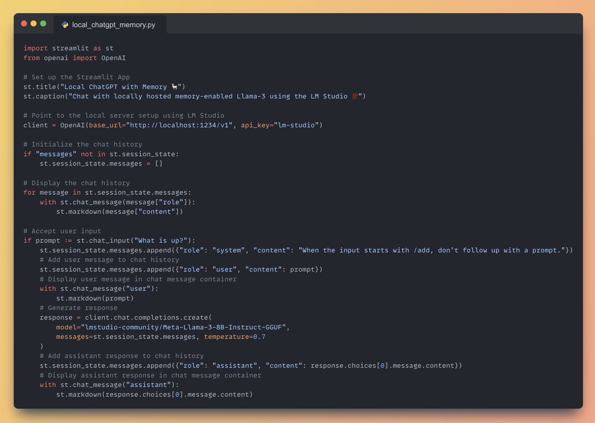 Full Application Code for Local ChatGPT with Memory