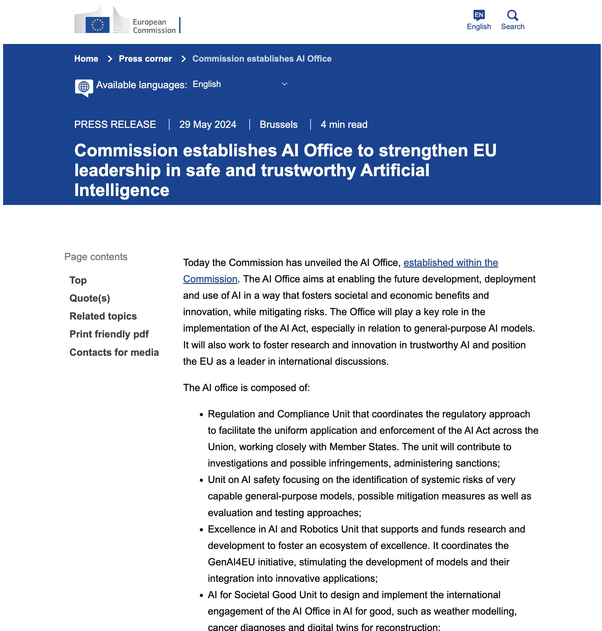 European Commission Launches AI Office to Implement AI Act