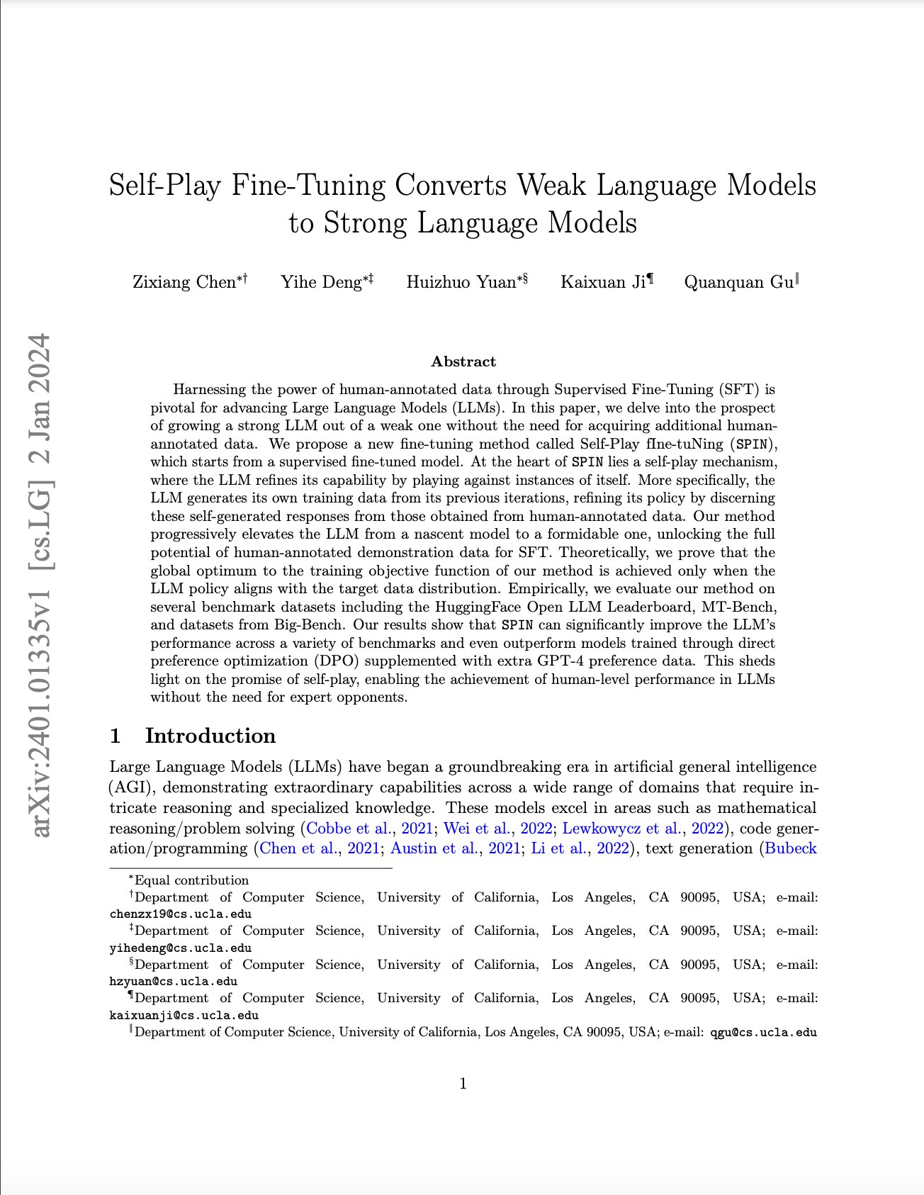 Self-Play Fine-Tuning Converts Weak Language Models Strong