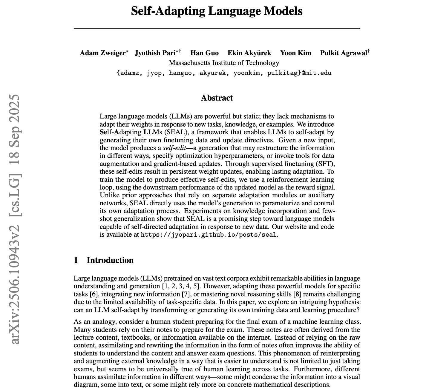SEAL: MIT’s Self-Adapting Language Models Framework