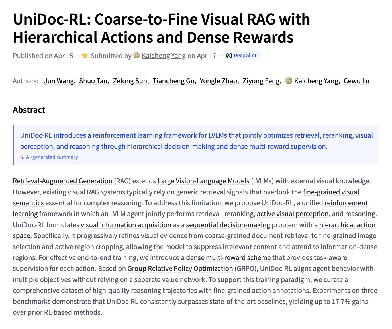 UniDoc-RL: Hierarchical Visual RAG with Dense Rewards