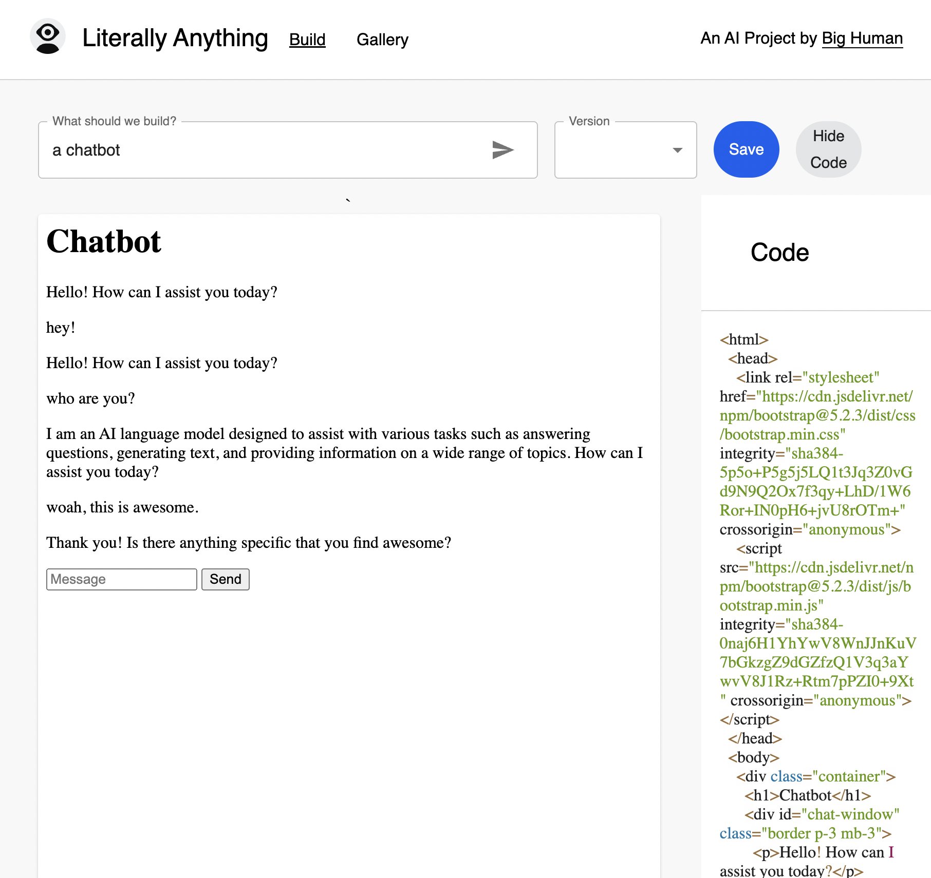 Working chatbot generated with code from simple prompt