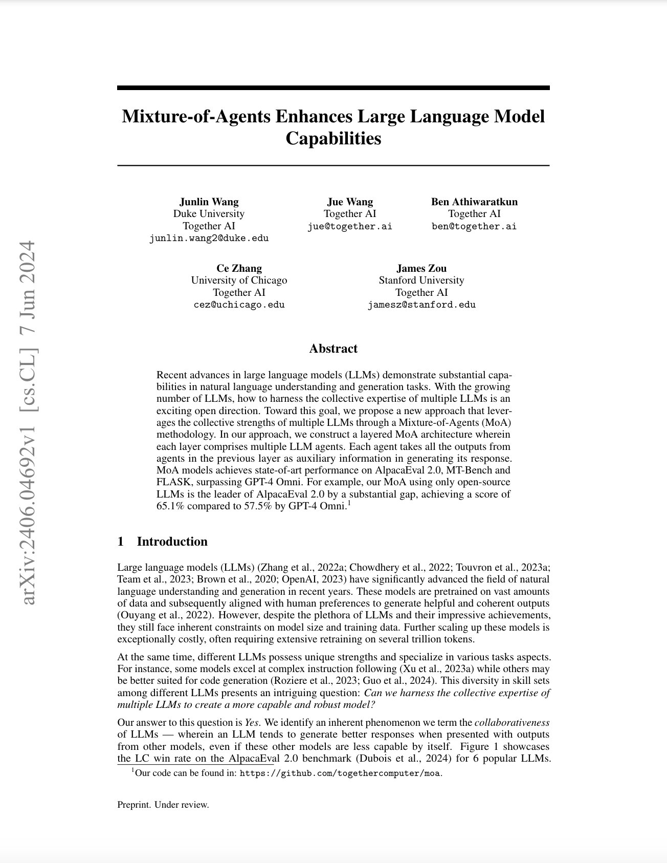 Mixture-of-Agents Architecture Enhances Language Model Capabilities