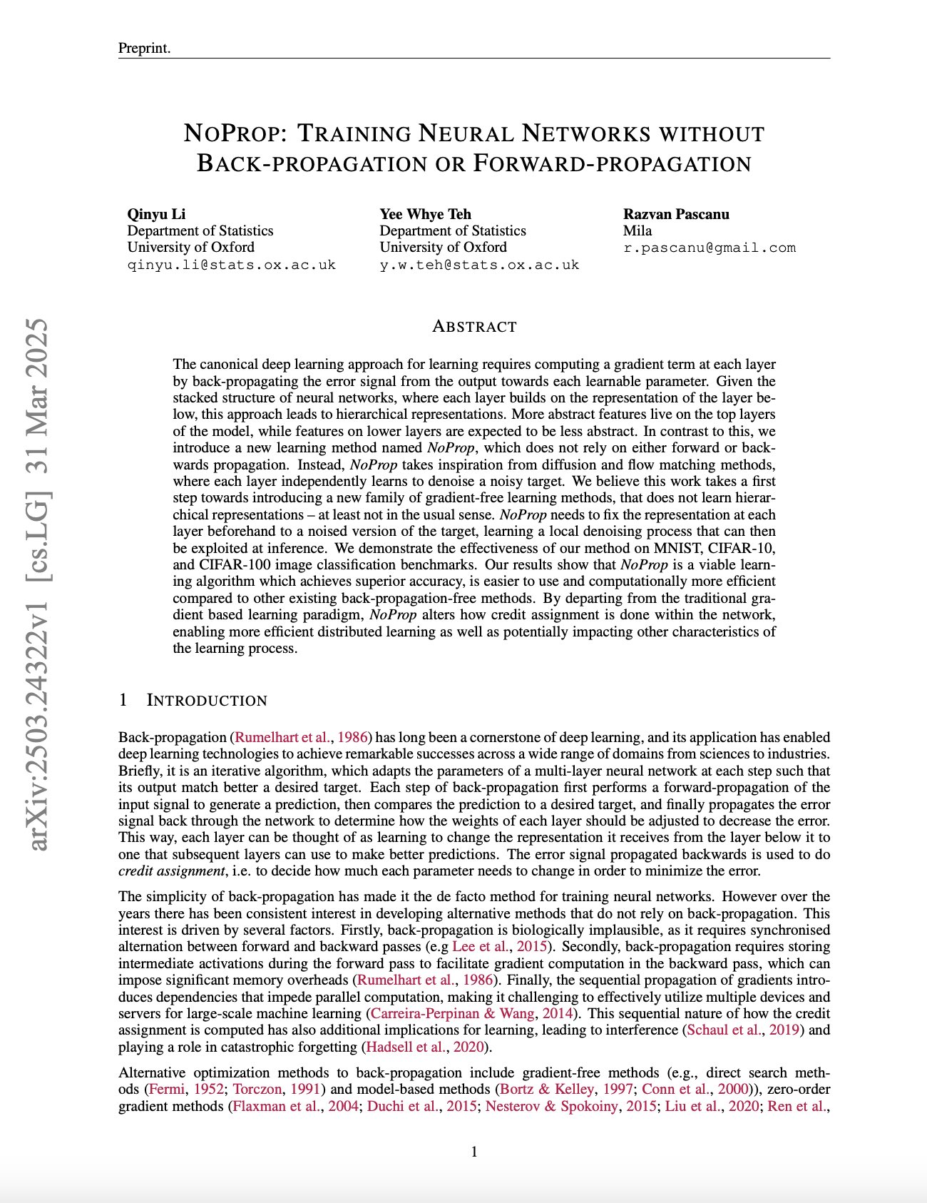 NoProp: Training Neural Networks Without Back-propagation