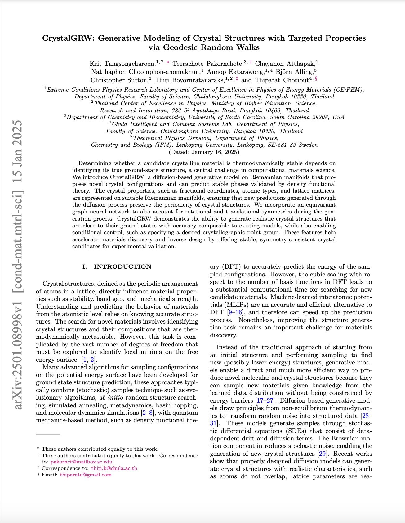 CrystalGRW: Generative Modeling of Crystal Structures with Geodesic Random Walks