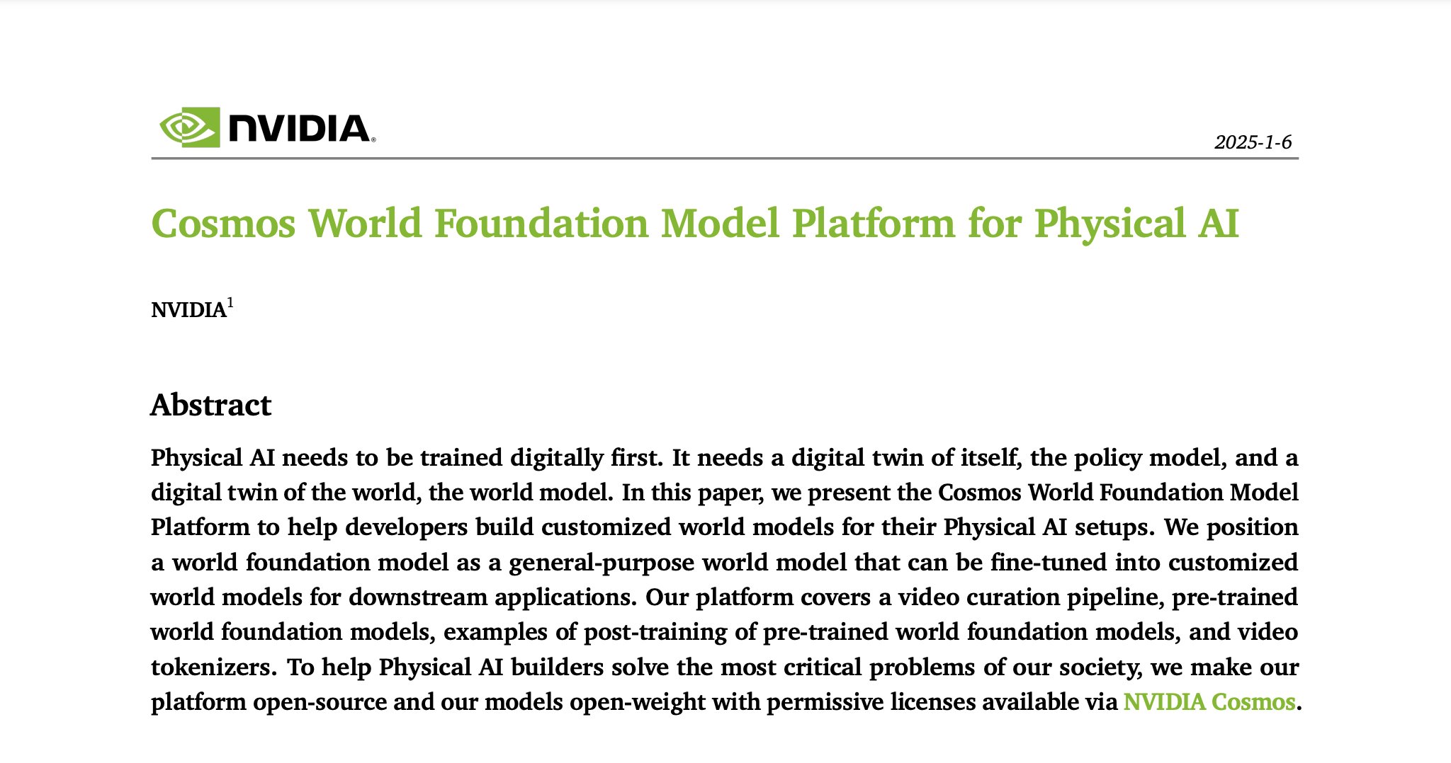 Cosmos World Foundation Model for Physical AI Training