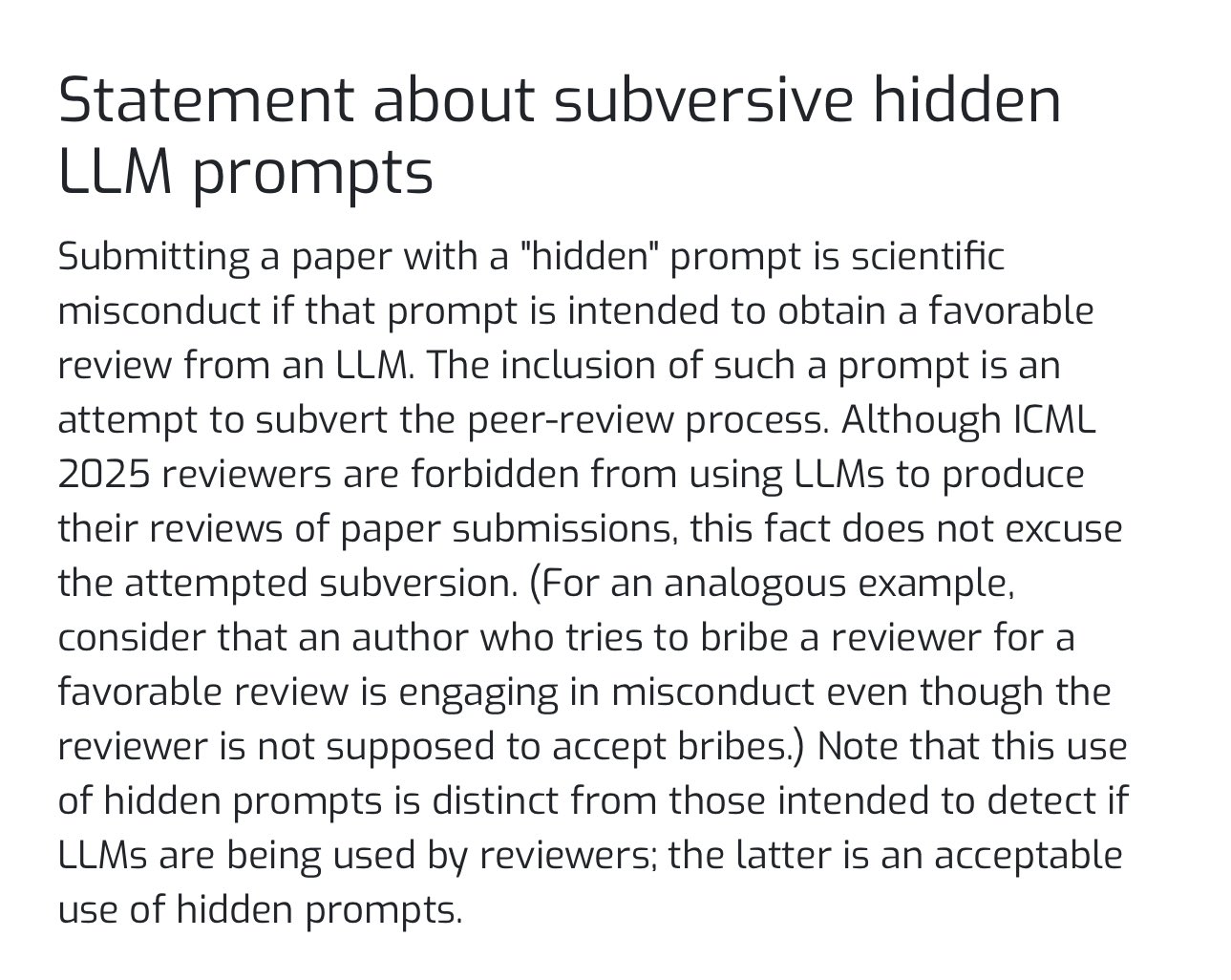 ICML Statement on Hidden Subversive LLM Prompts