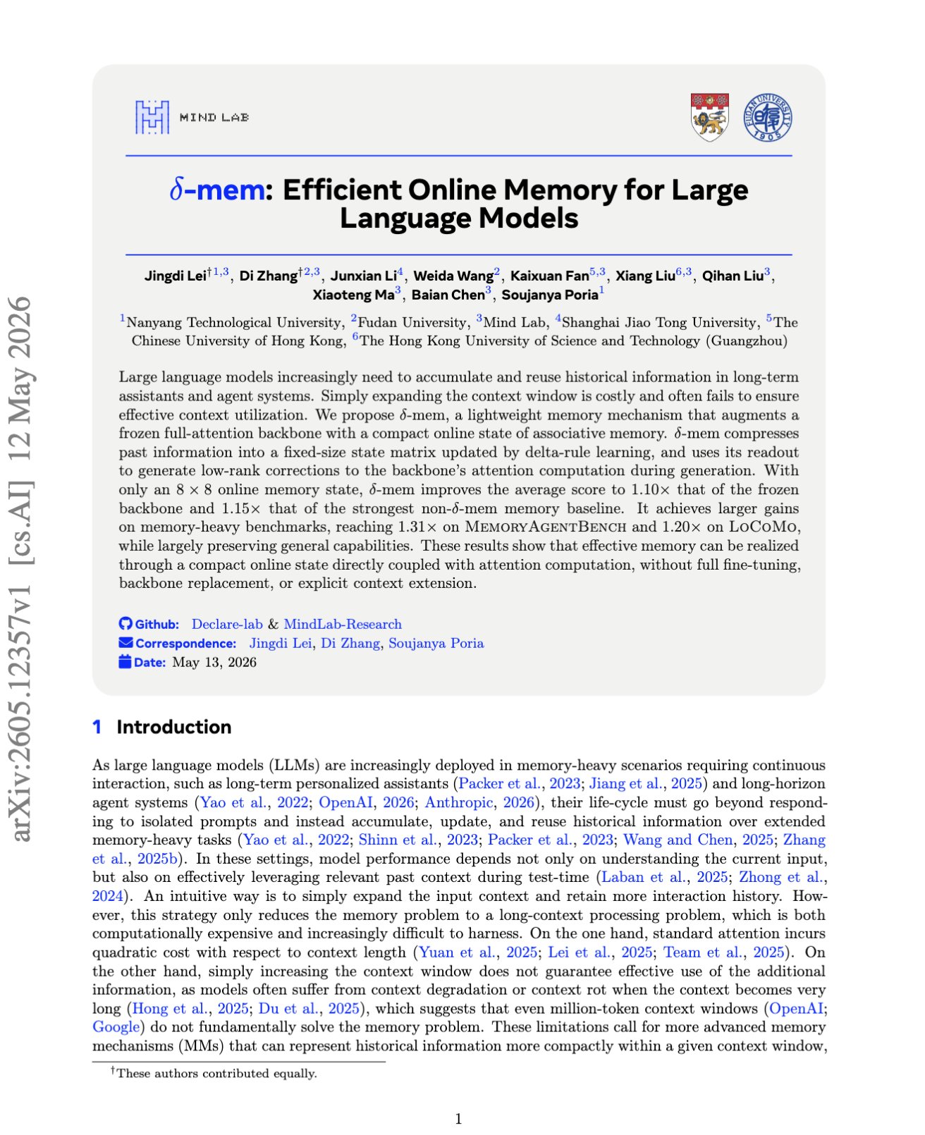 δ-mem: Efficient Online Memory for Large Language Models