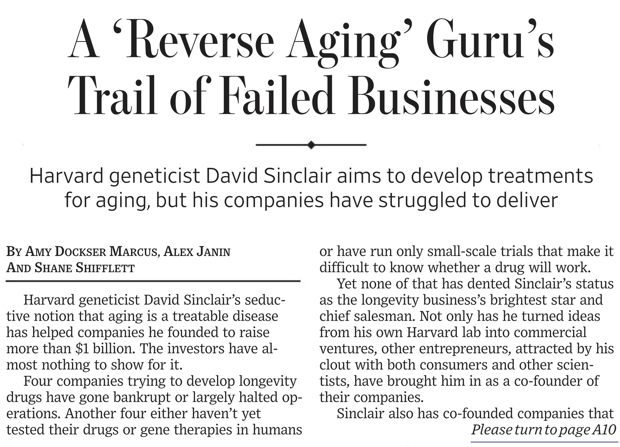 David Sinclair Anti-Aging Business Faces WSJ Credibility Scrutiny