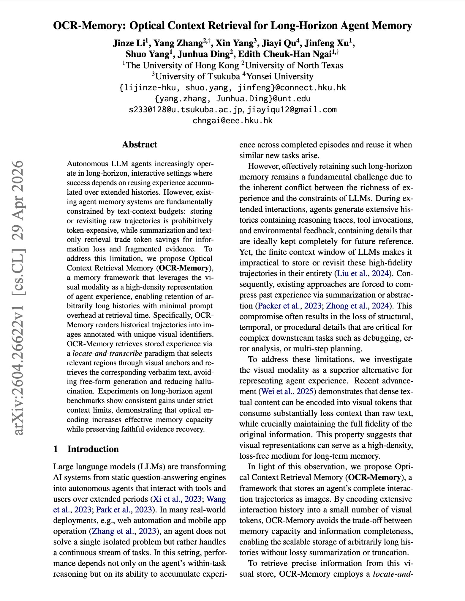 OCR-Memory: Novel Approach to Long-Horizon Agent Memory Storage
