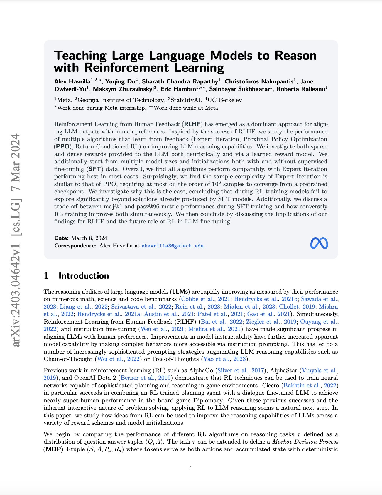 Teaching LLMs to Reason with Reinforcement Learning
