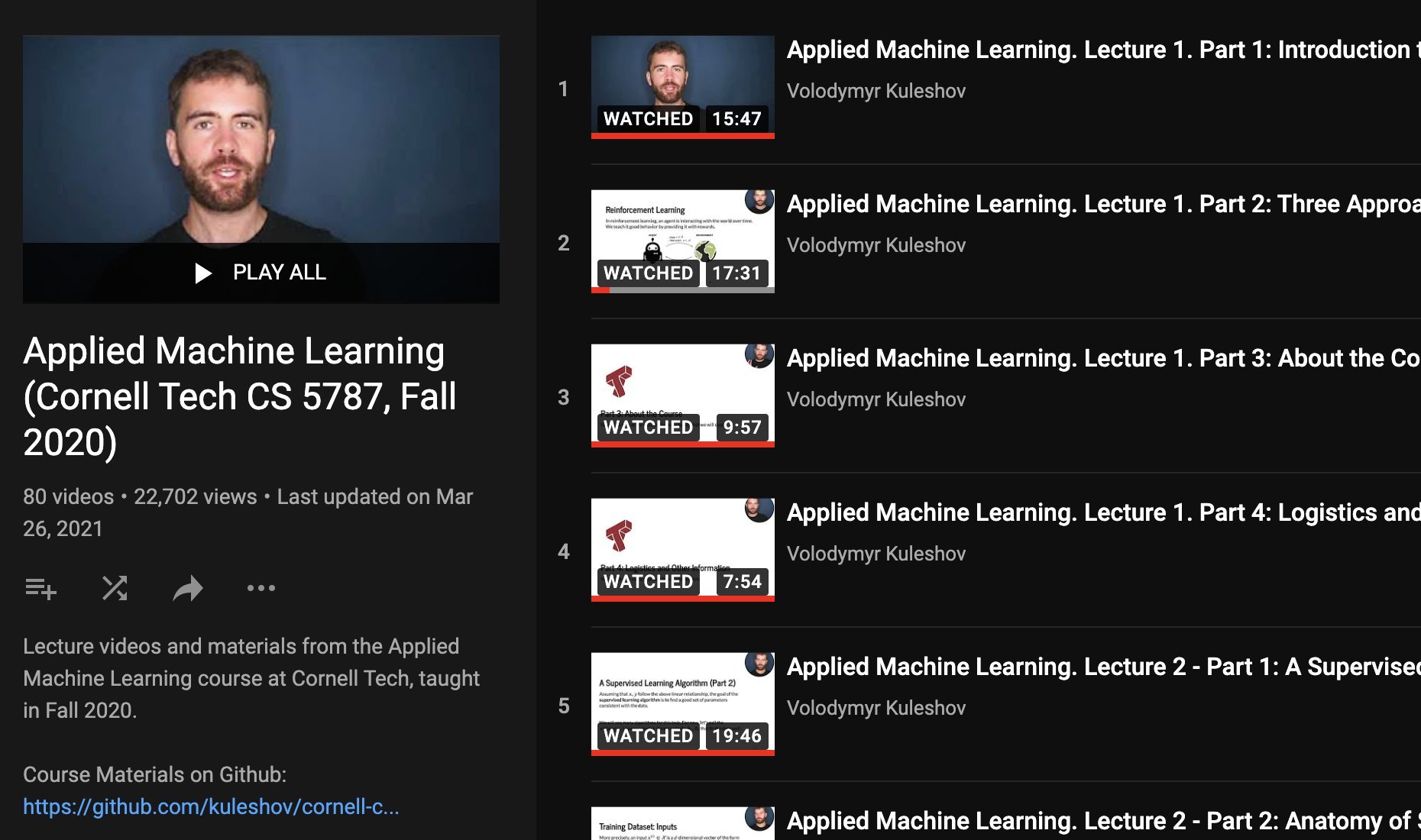 Applied Machine Learning Course Cornell Tech CS 5787