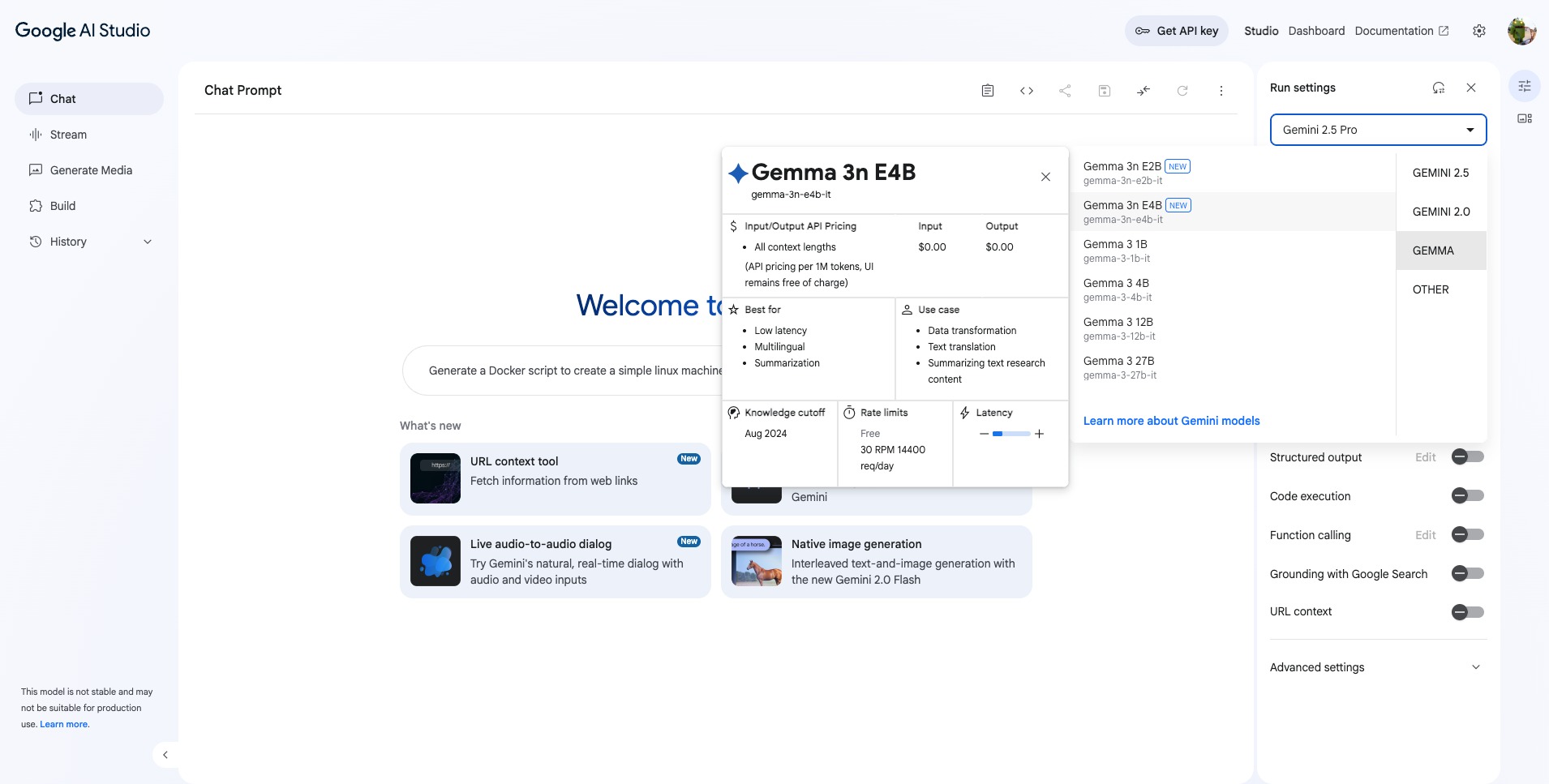 Gemma 3n E2B and E4B models available on AI Studio