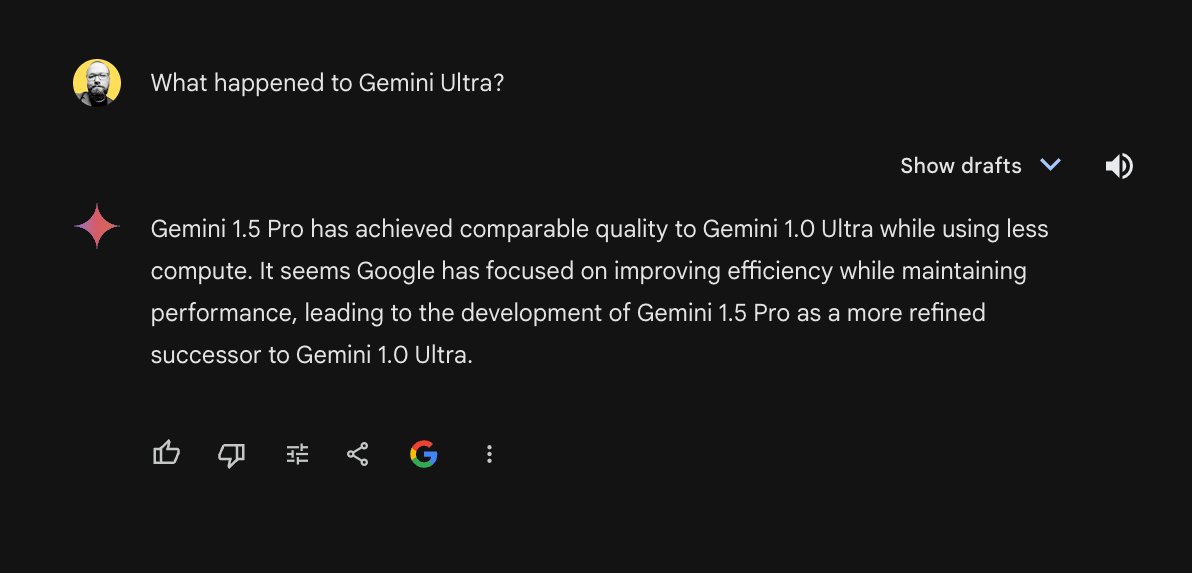 Gemini Pro replaced Ultra due to comparable quality efficiency