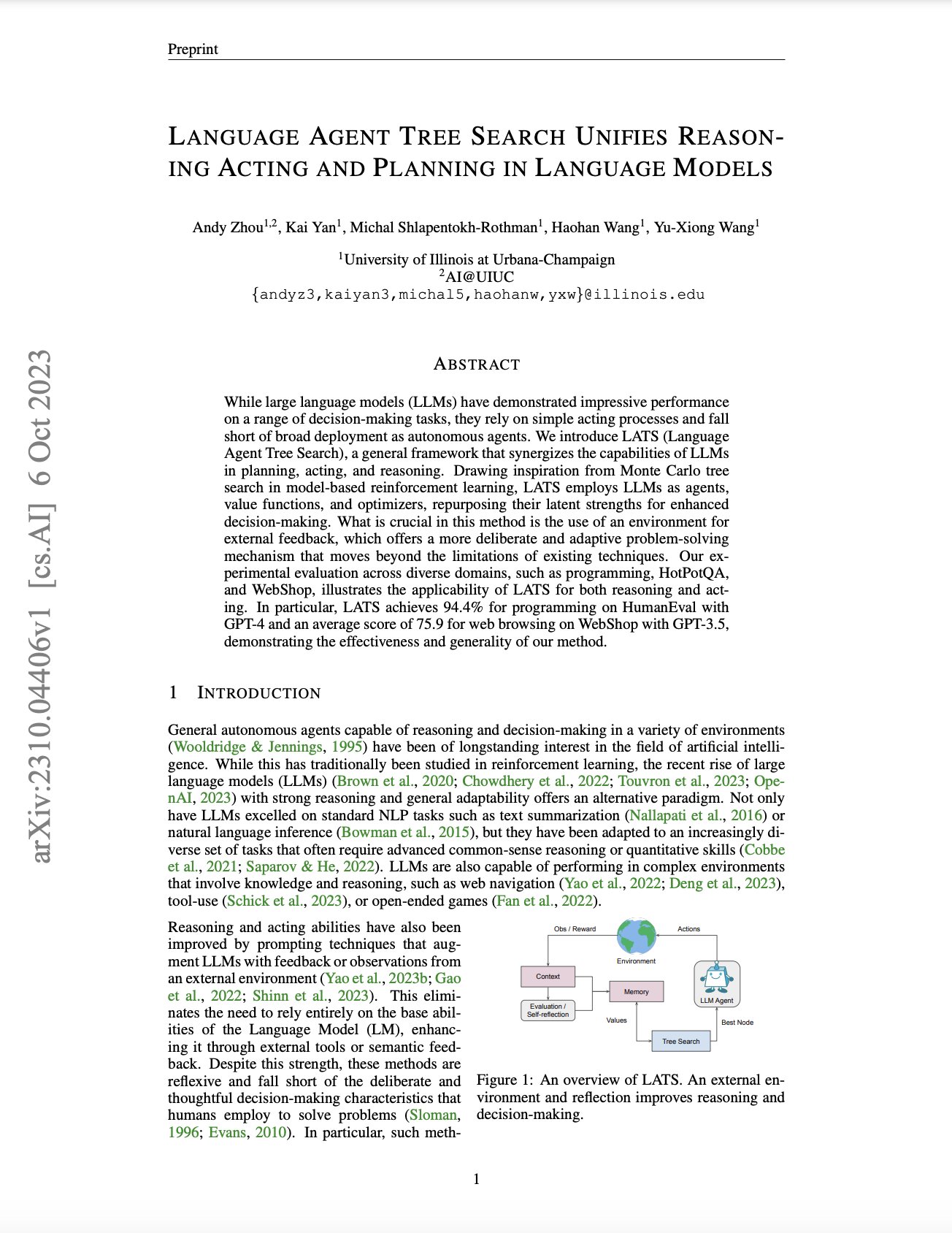 Language Agent Tree Search Unifies Reasoning Acting Planning