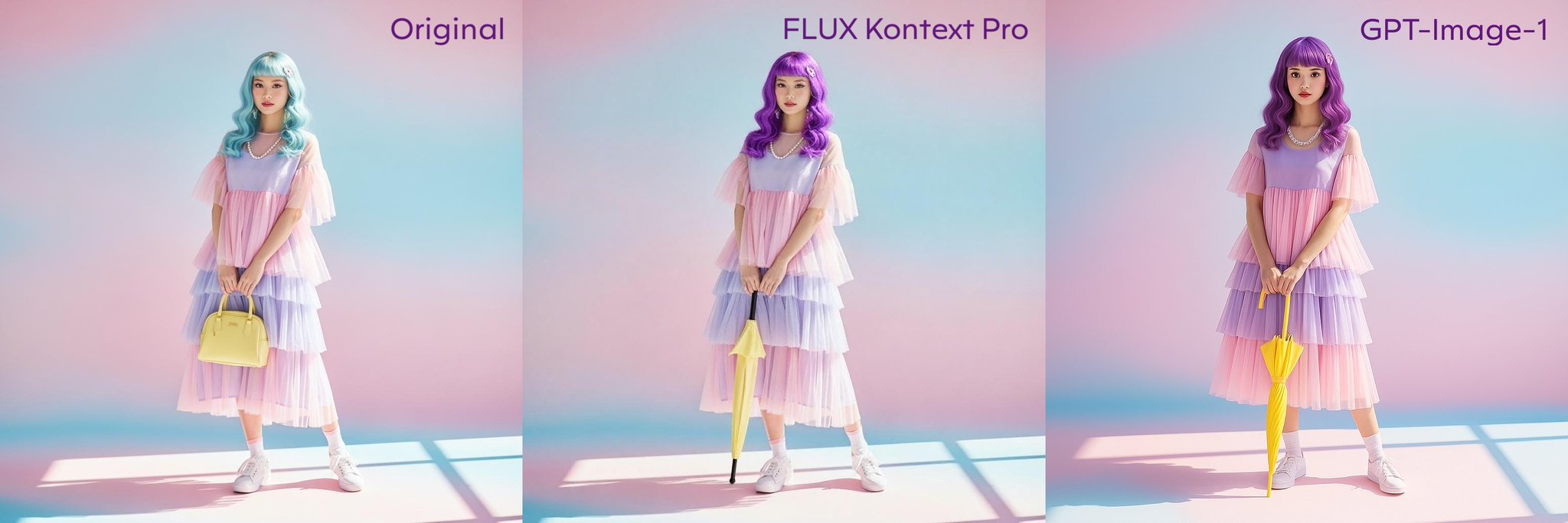 Image editing instruction with purple hair and yellow umbrella