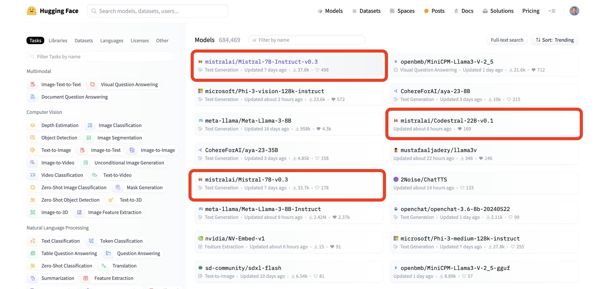 Mistral AI dominates HF trending with 7B Instruct and Codestral