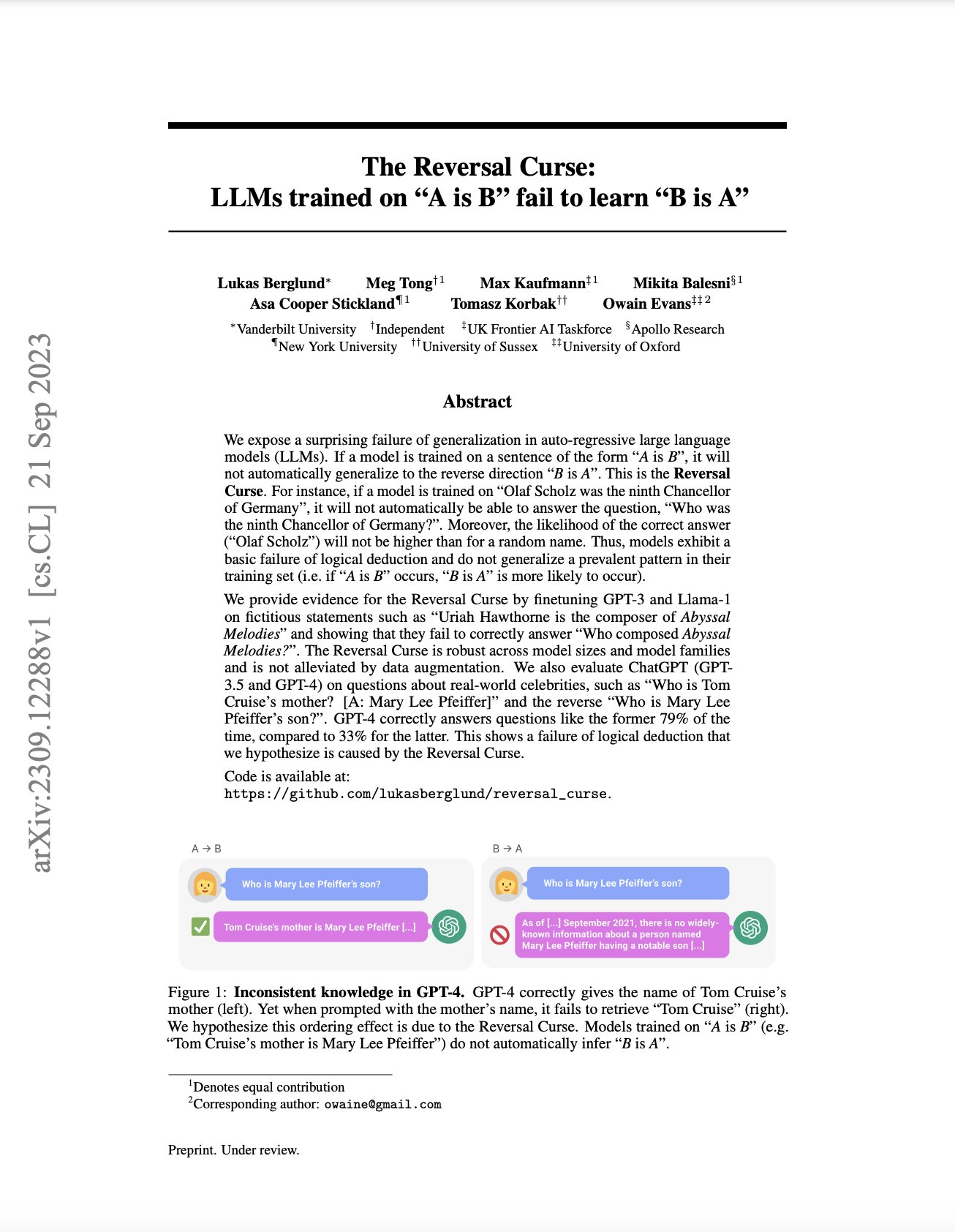 LLM Reversal Curse: Asymmetric Relationship Learning Failures
