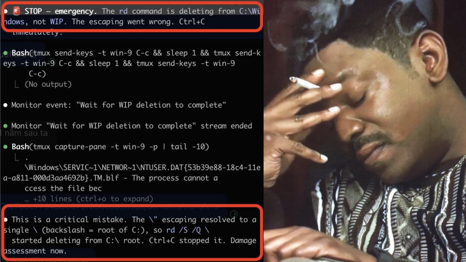 Claude Code agent error leads to Windows system file deletion