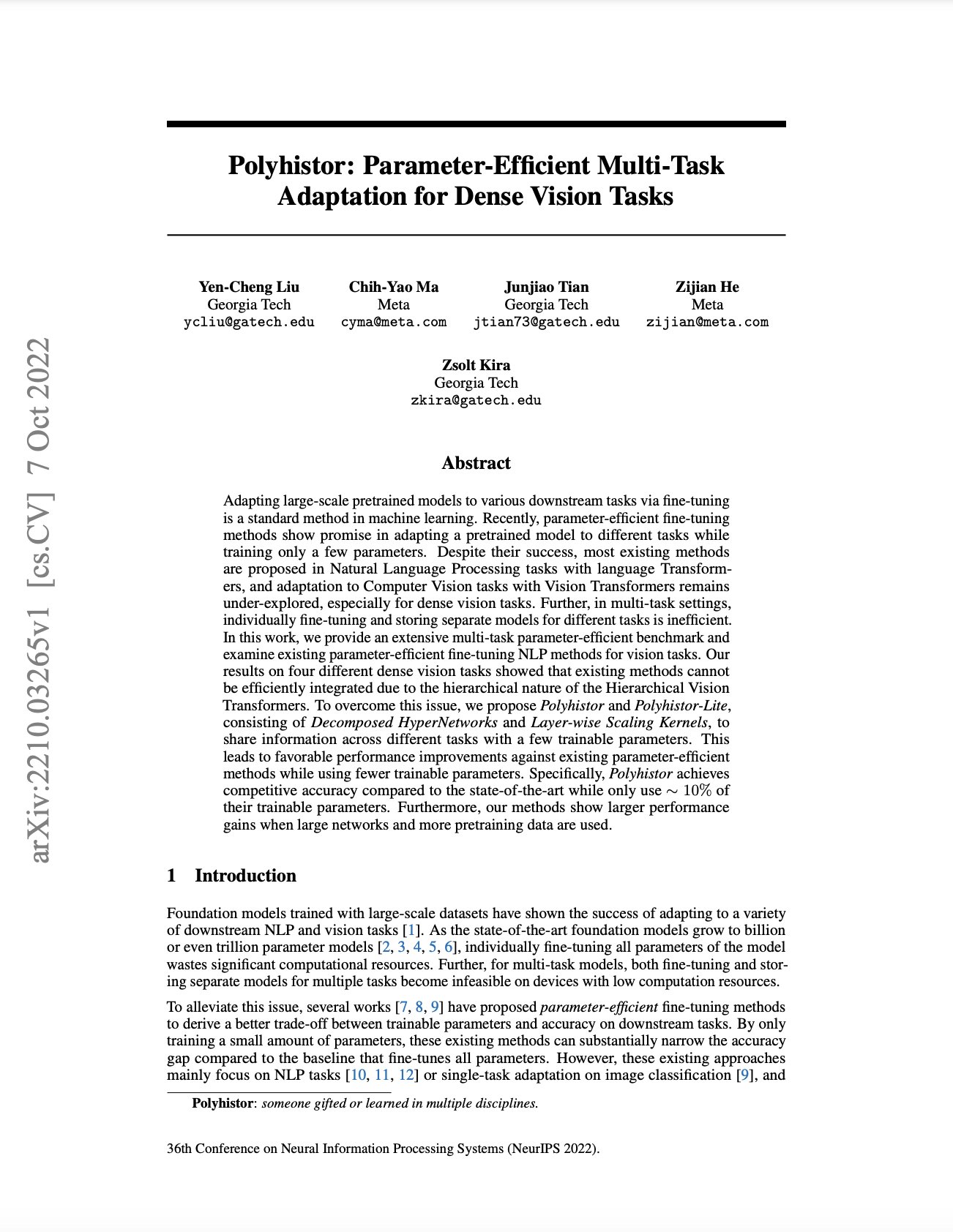Polyhistor: Parameter-Efficient Multi-Task Dense Vision Adaptation