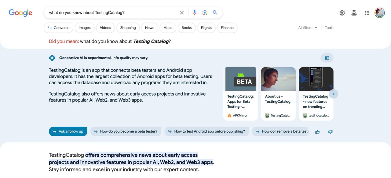 SGE displays TestingCatalog with source links