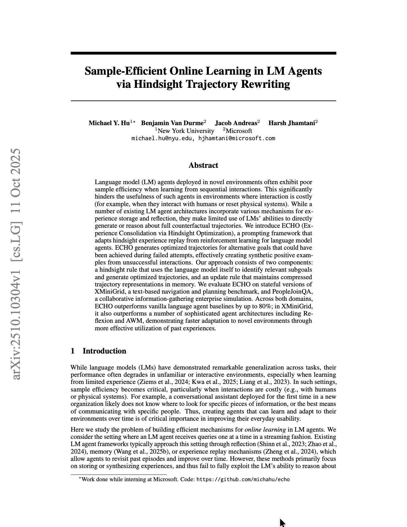 Sample-Efficient Online Learning in LM Agents via Hindsight Rewriting
