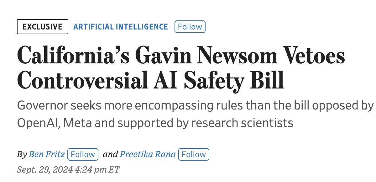 California Governor Vetoes AI Training Bill SB 1047