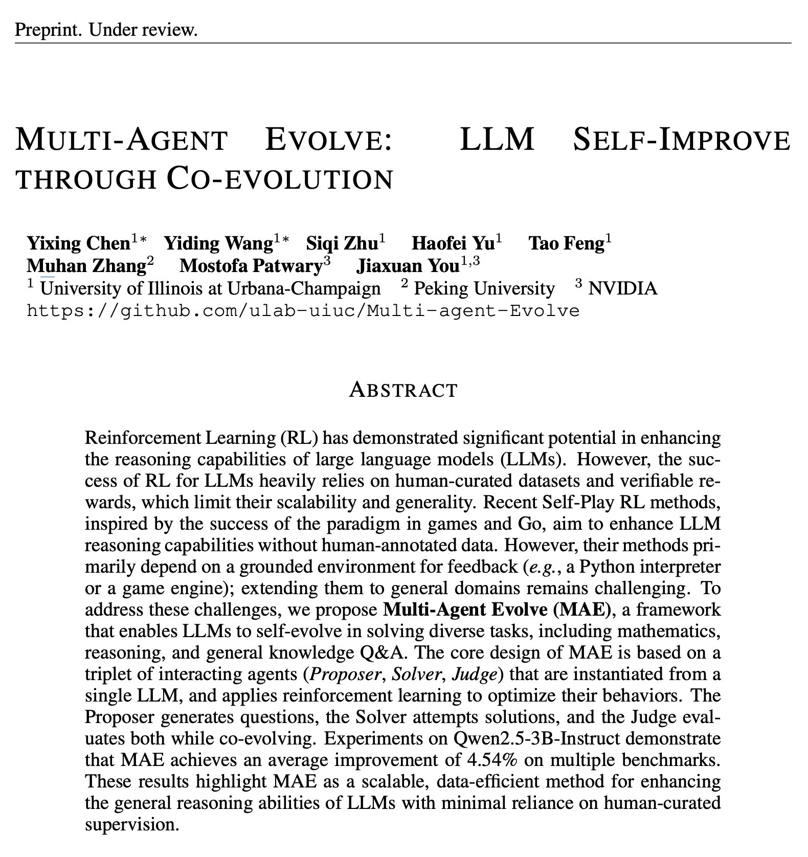 Multi-Agent Evolve: LLMs Self-Improve Without Human Annotation