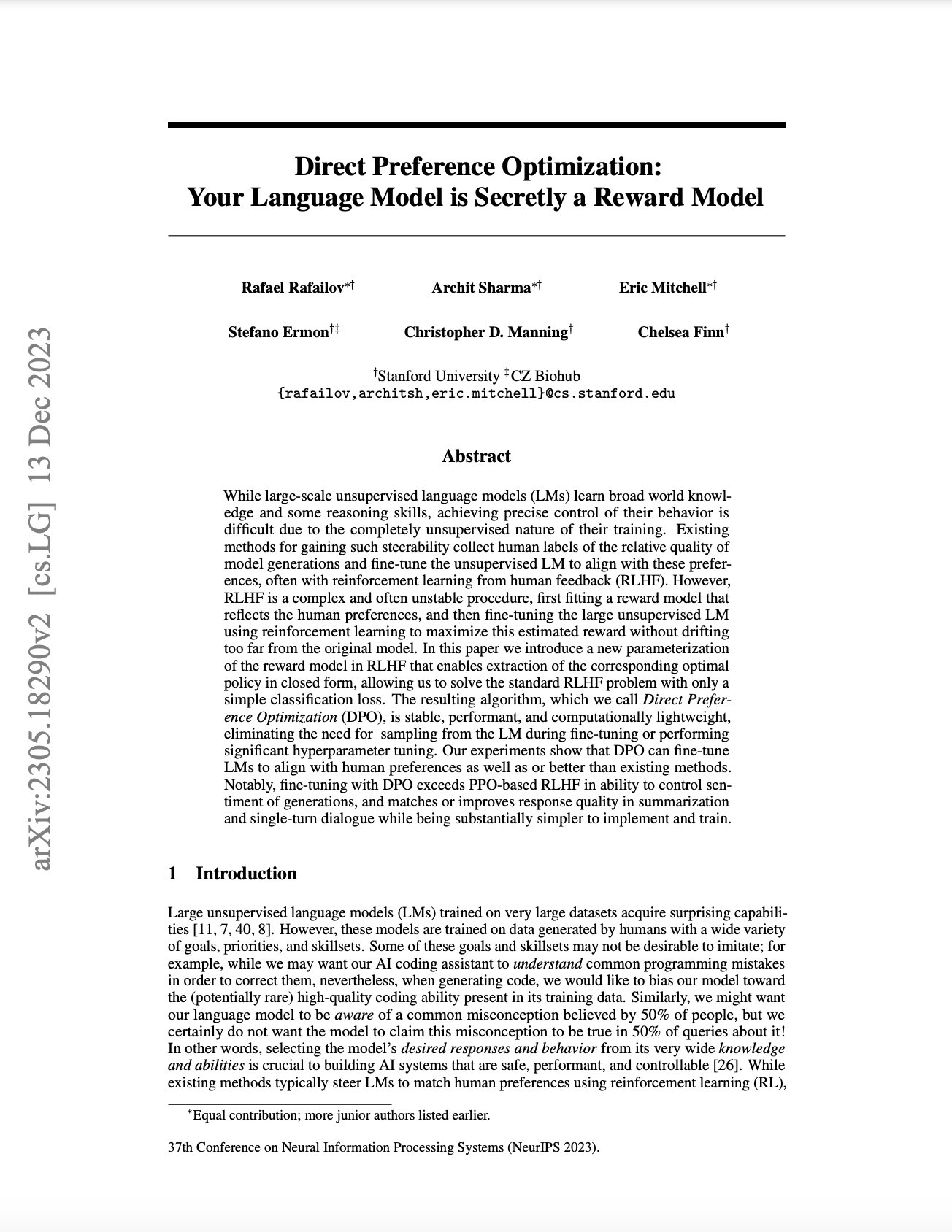 Direct Preference Optimization: Language Models as Reward Models